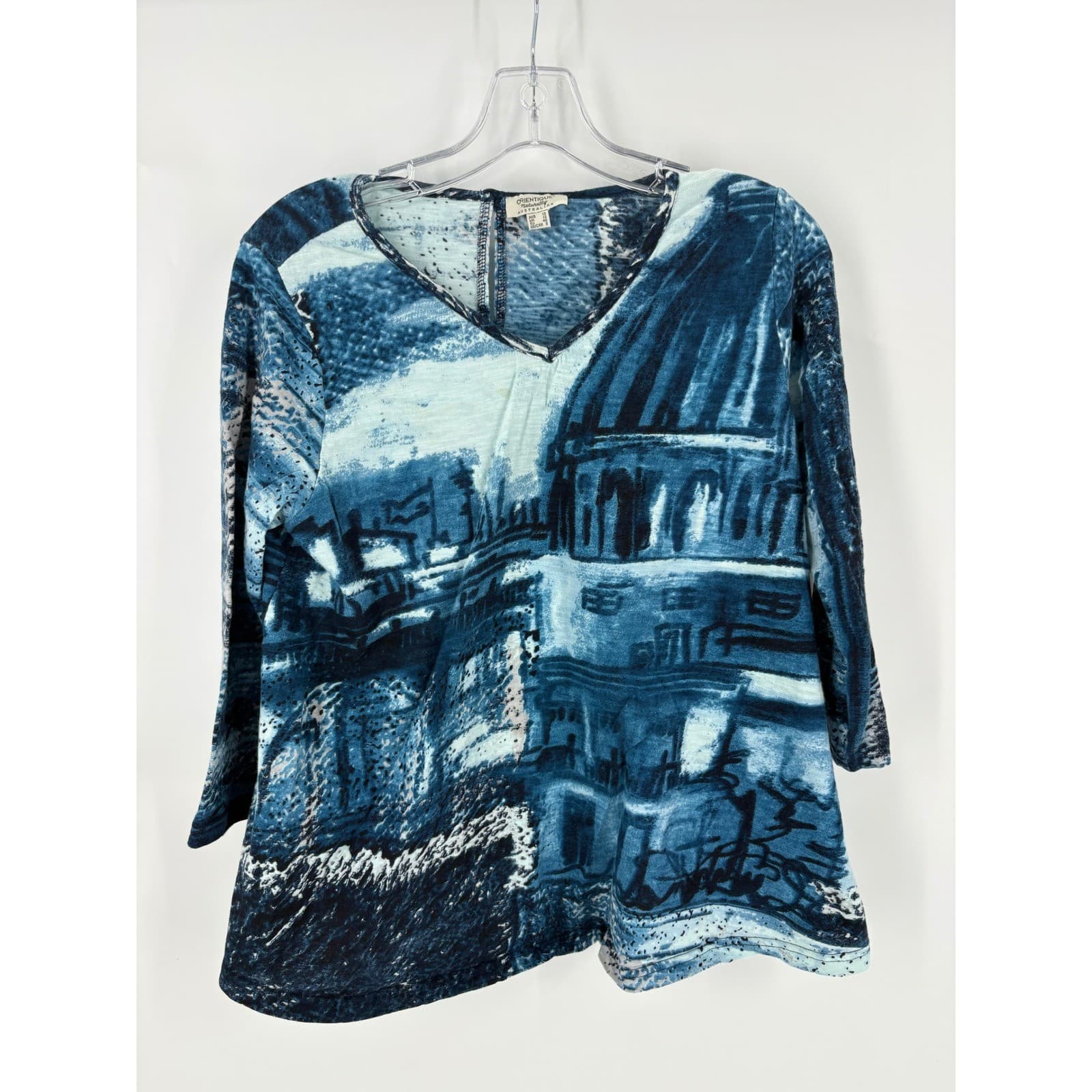 Orientique Naturally Australian V Neck 3/4 Sleeve Graphic Print Top Women's sz S