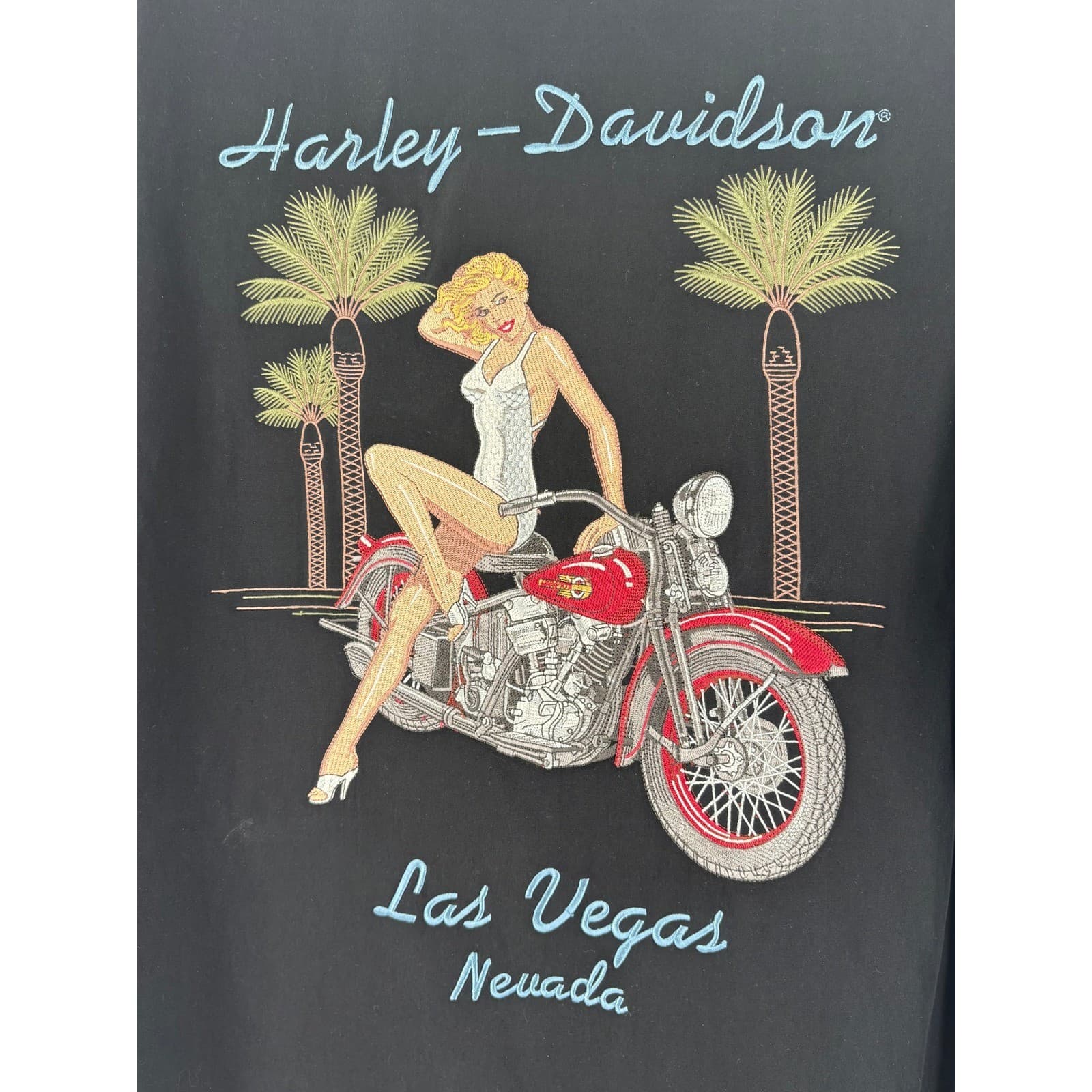 Harley Davidson Mens Las Vegas Nevada Embroidered Pinup Girl Shirt XL Silk Blend - Thumbnail 2