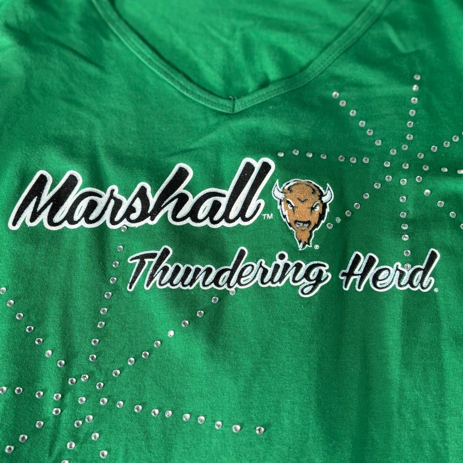 Klutch Marshall Thundering Herd Green Rhinestone V Neck Long Sleeve Top XL - Thumbnail 2