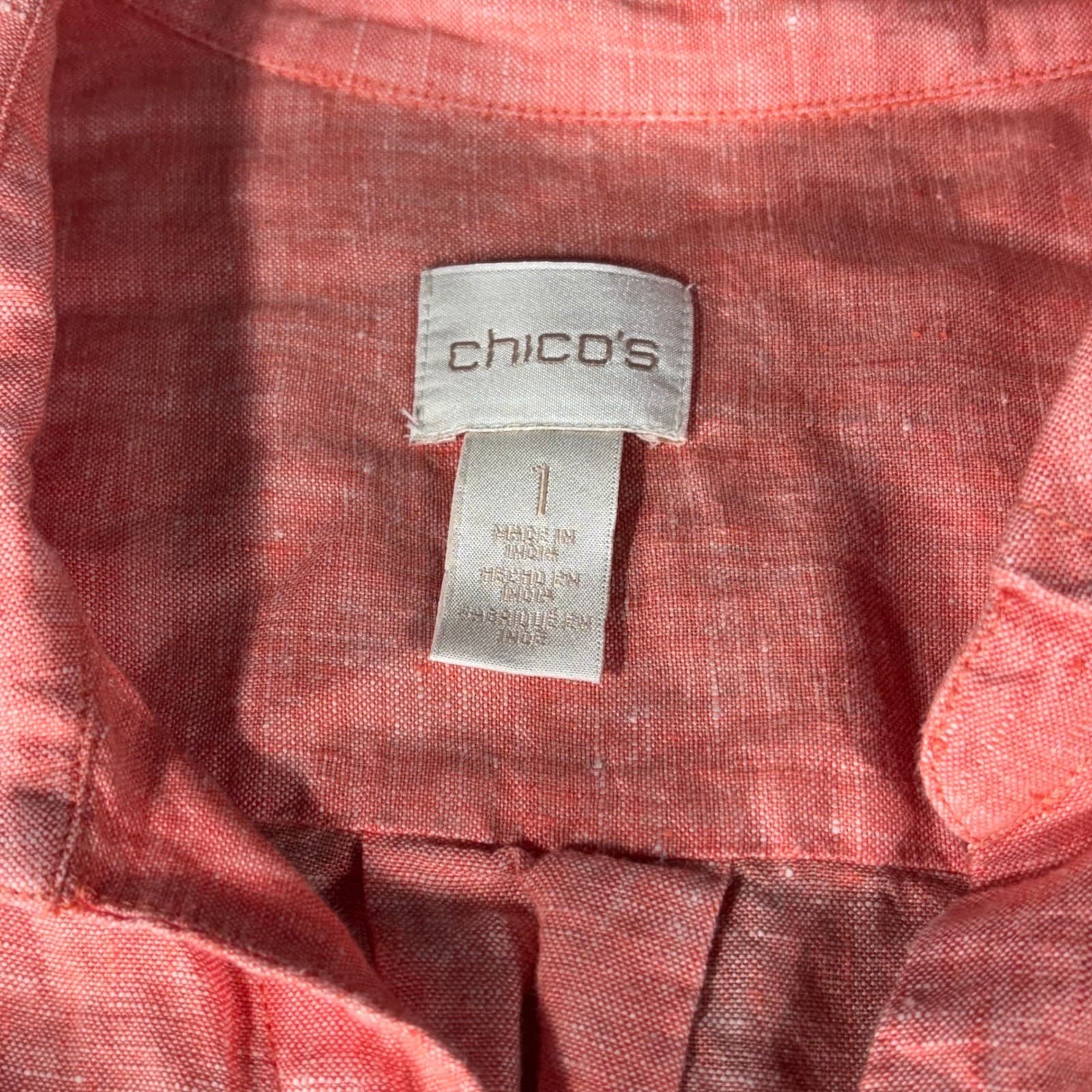 Chicos Women's Size 1 Linen Top Salmon Coral 3/4 Sleeve Button Down Tunic - Thumbnail 2