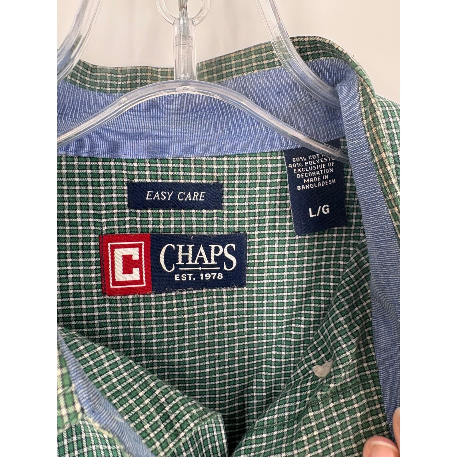 Chaps Mens Green Gingham Check Easy Care Button Down Shirt Long Sleeve Size L G - Thumbnail 3