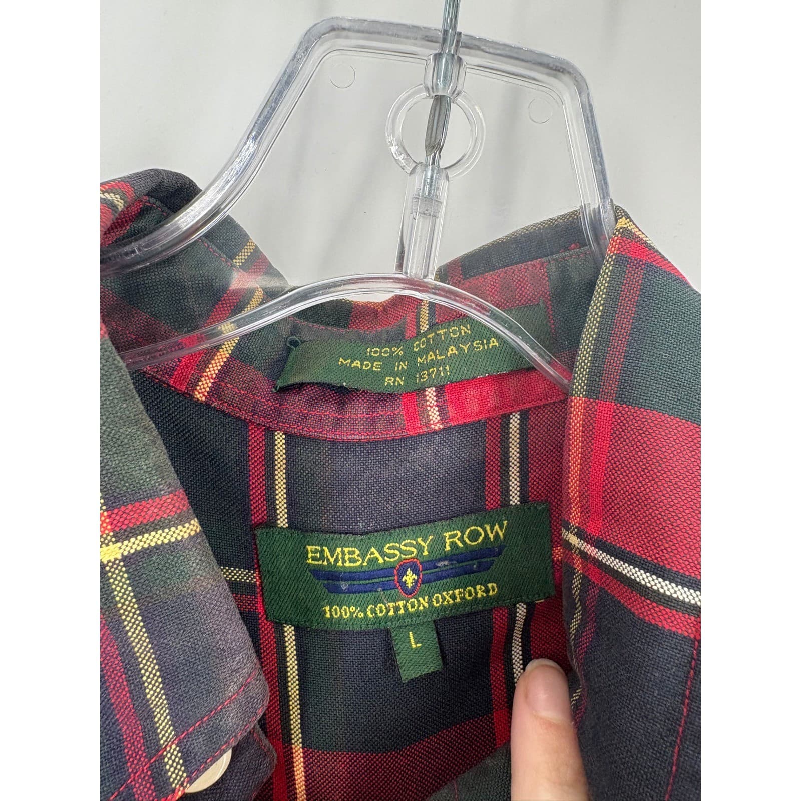 Embassy Row Mens Large Plaid Button Down Shirt 100% Cotton Oxford Red Green Navy - Thumbnail 2