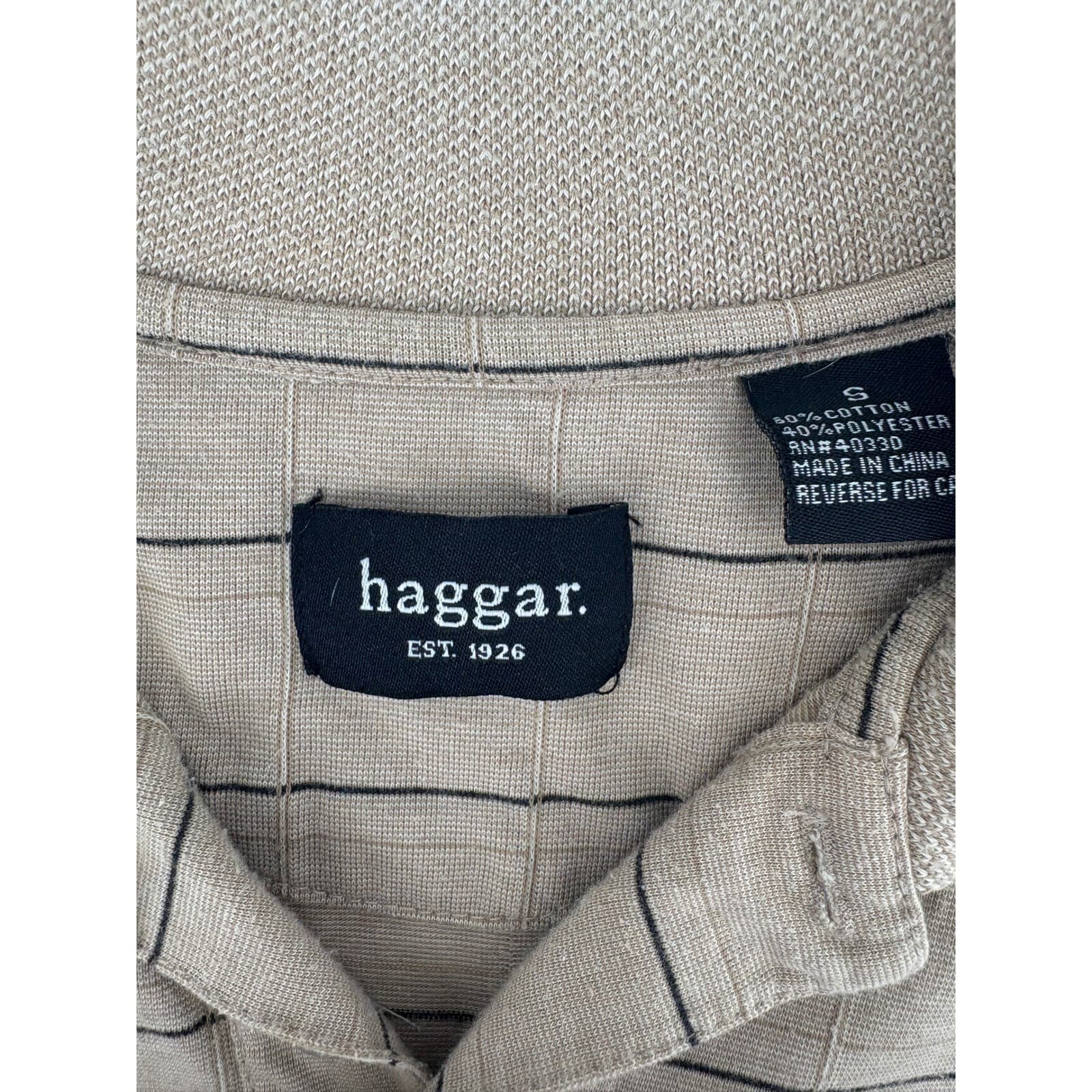 Haggar Mens Size S Short Sleeve Striped Polo Shirt Beige Black Casual Golf Top - Thumbnail 3