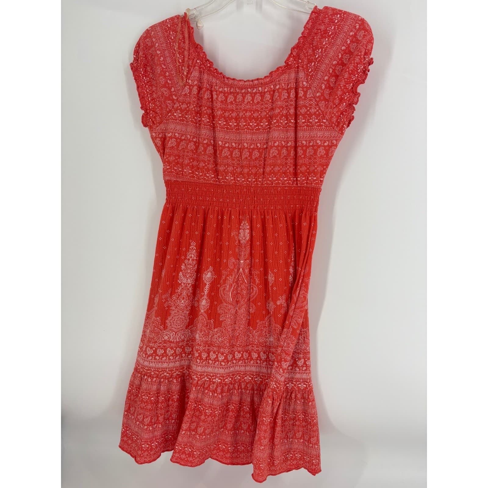 Almost Famous Orange Paisley Smocked Empire Waist Ruffle Tiered Dress M - Thumbnail 2