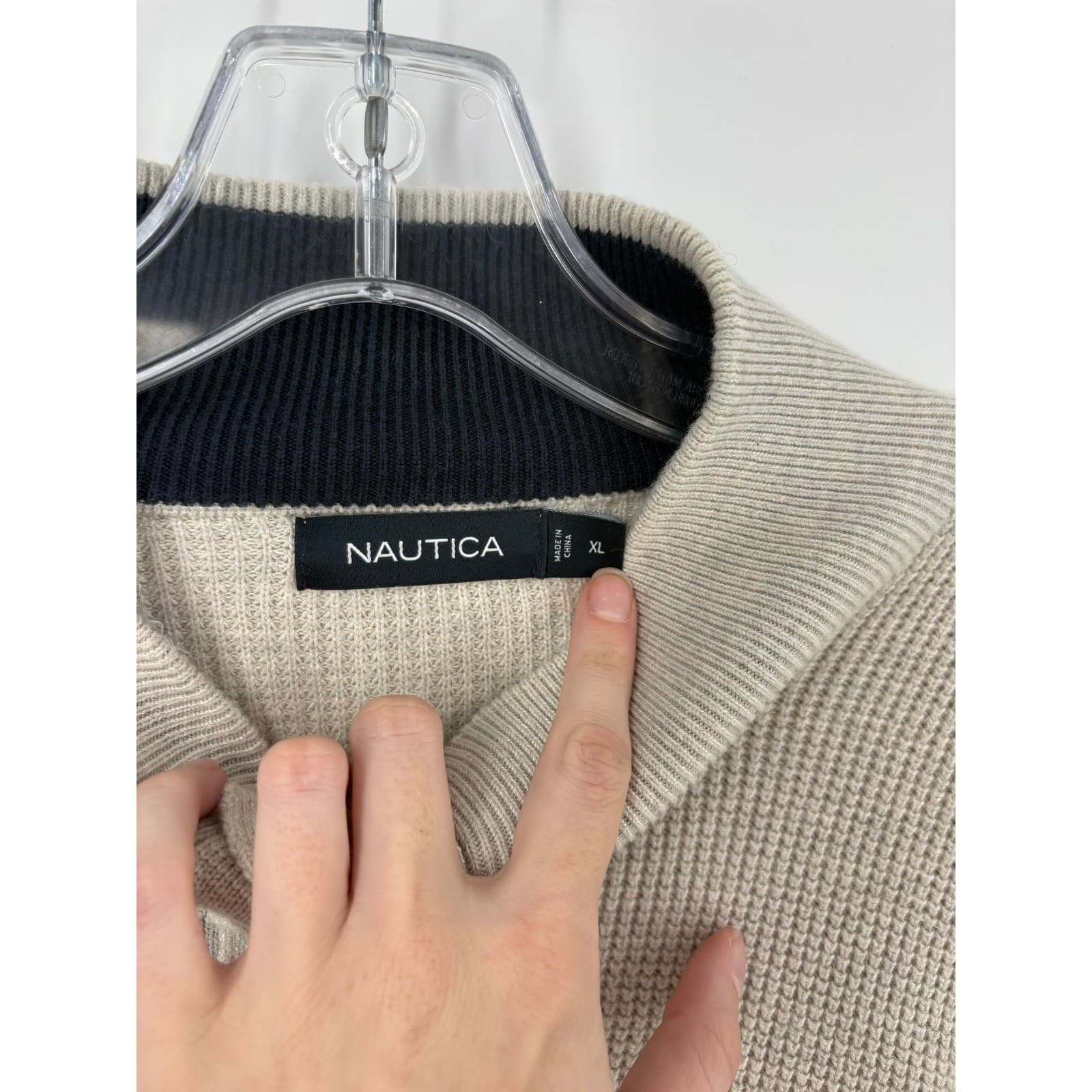 Nautica Mens Beige Waffle Knit Mock Neck Button Up Sweater XL - Thumbnail 3