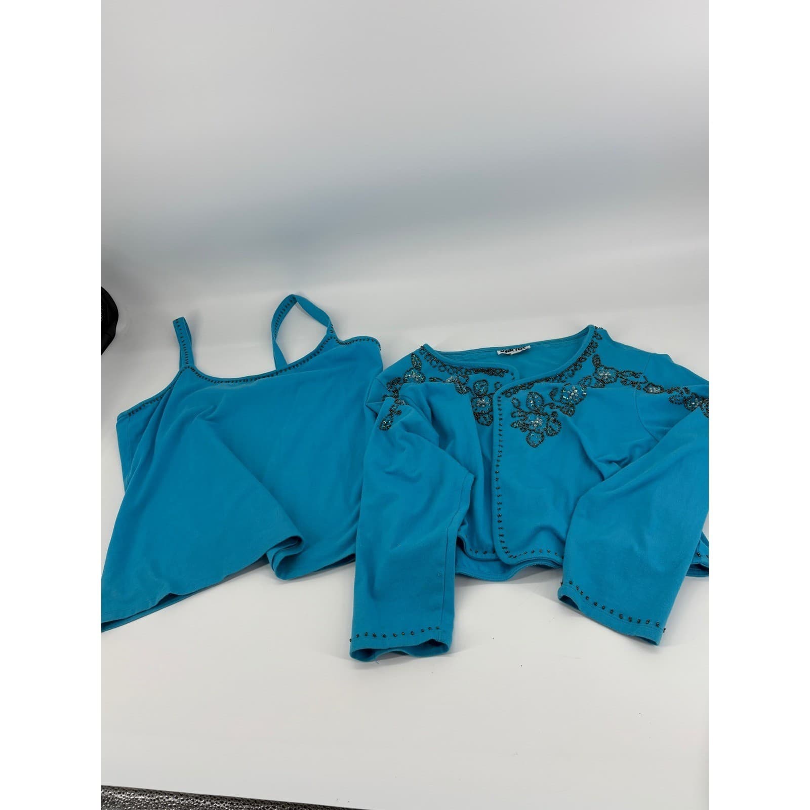 Kaktus Teal Blue Beaded Bolero Cardigan & Tank Top Set Women's Size M - Thumbnail 2