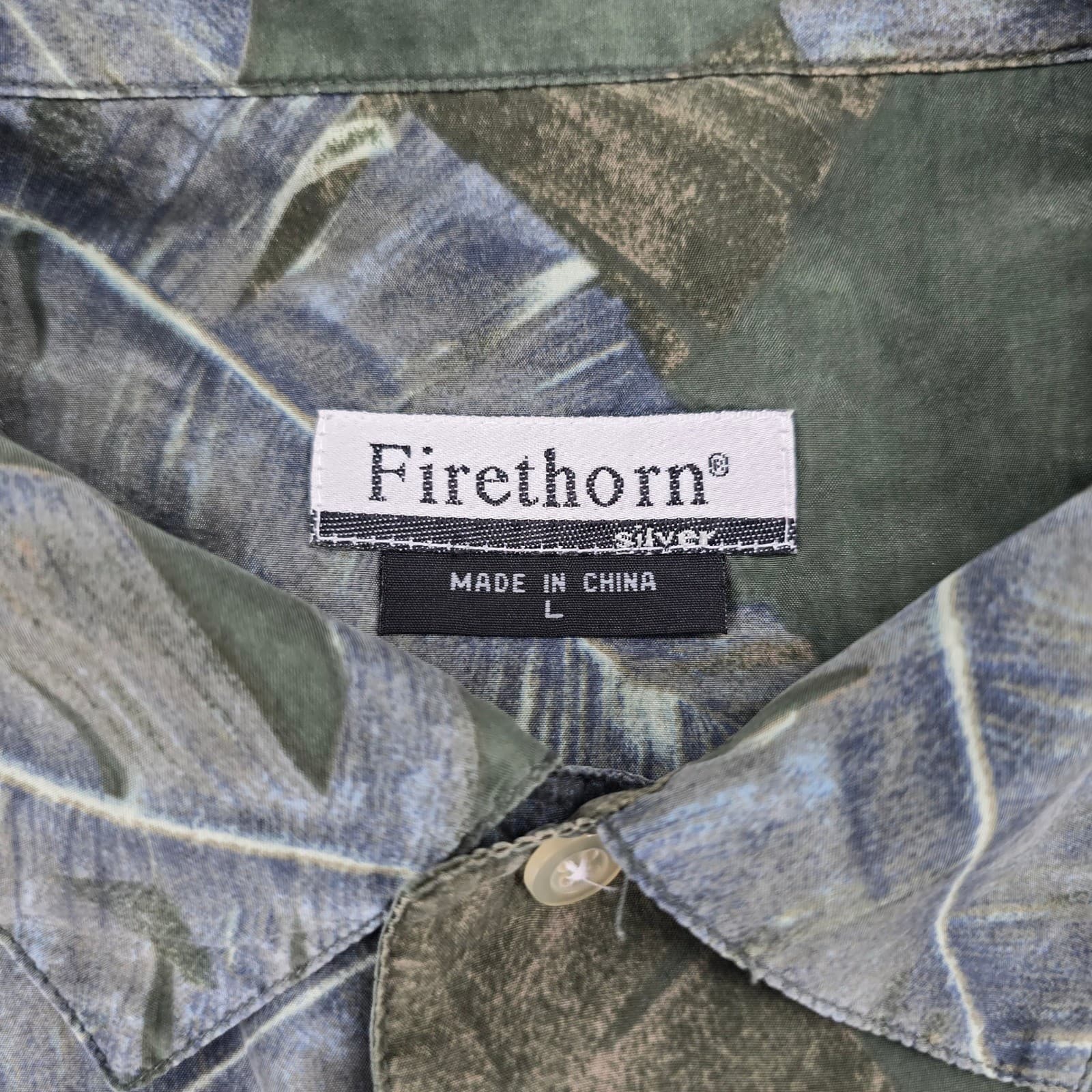 Firethorn Shirt Mens L Button Front Green Tropical Leaf Print 100% Silk - Thumbnail 2
