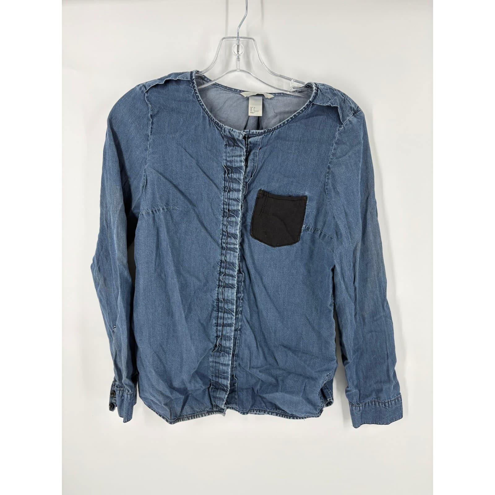 H&M Denim Chambray Long Sleeve Button Up Shirt Top Women US 6 Black Pocket