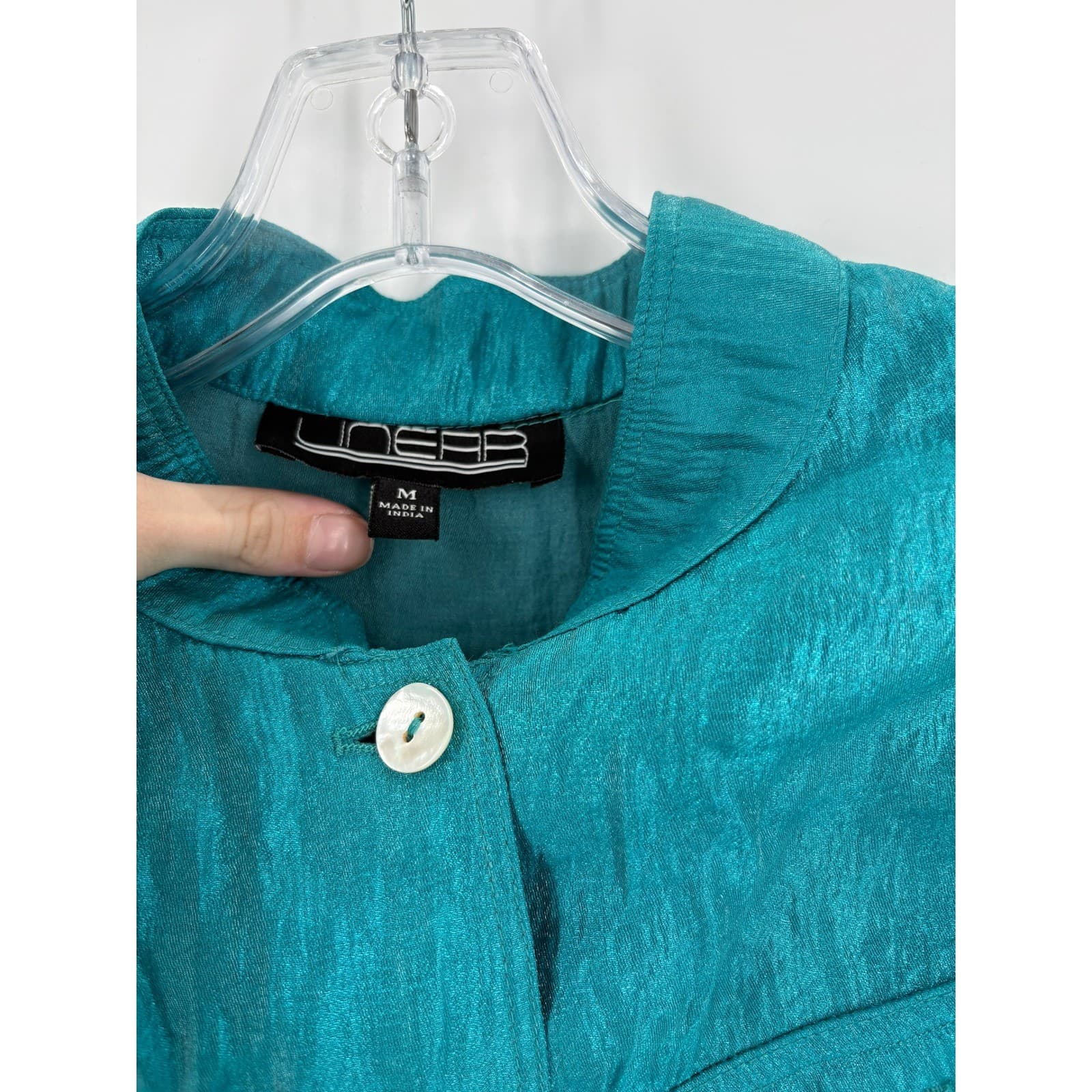 NOB Designer Teal Textured Cropped Jacket Mandarin Collar Drawstring Waist M - Thumbnail 2