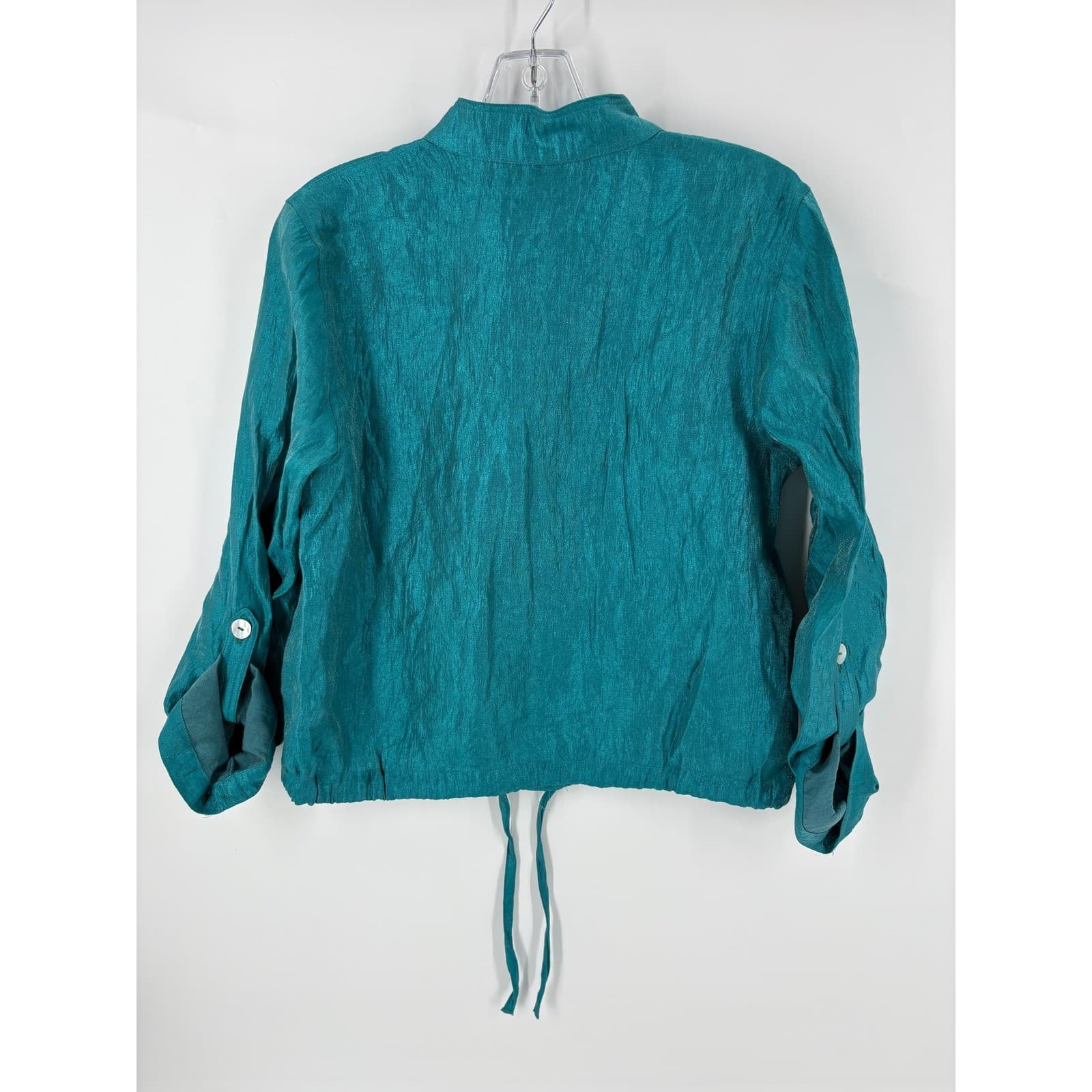 NOB Designer Teal Textured Cropped Jacket Mandarin Collar Drawstring Waist M - Thumbnail 4