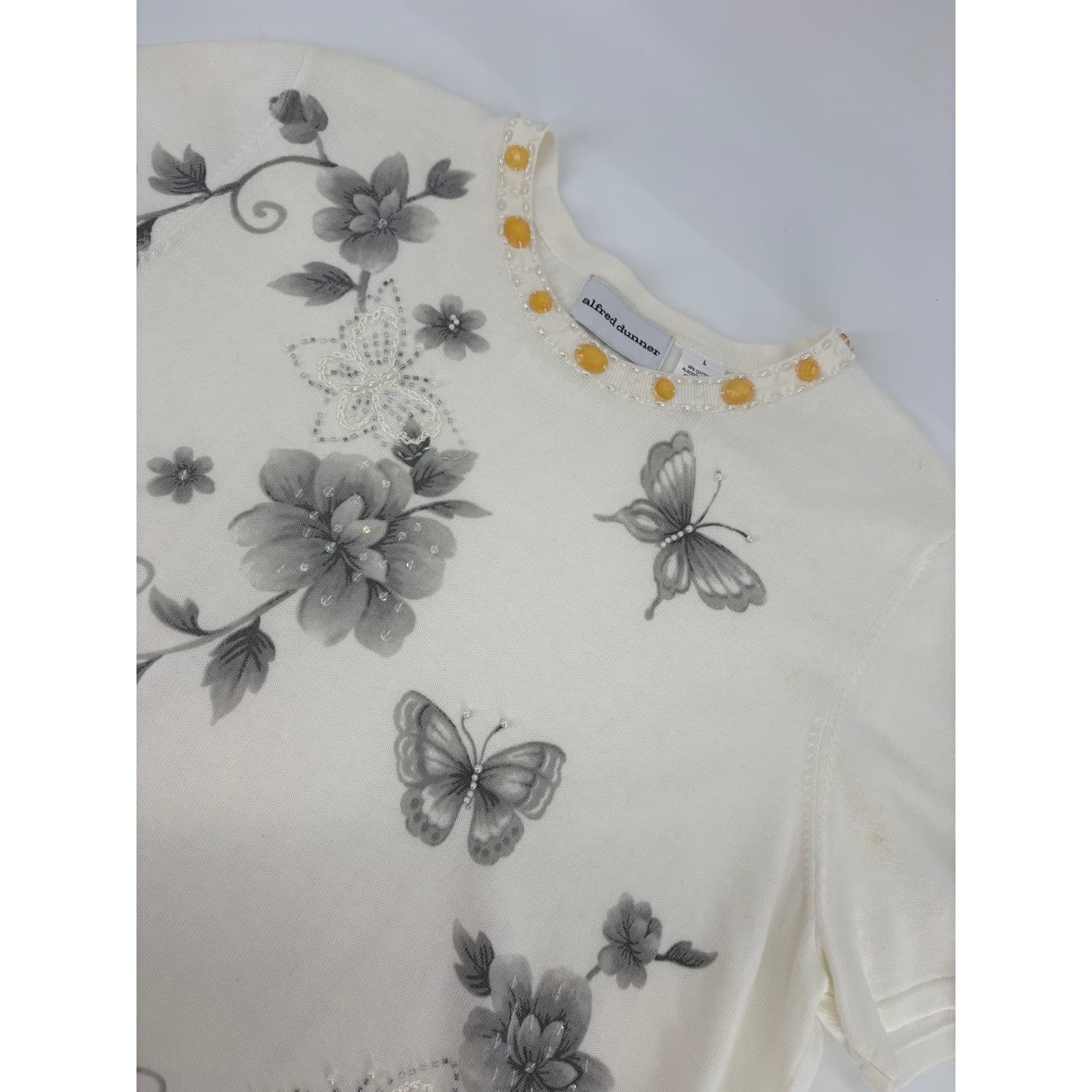 Alfred Dunner Floral Butterfly Beaded Embellished Knit Top Size L