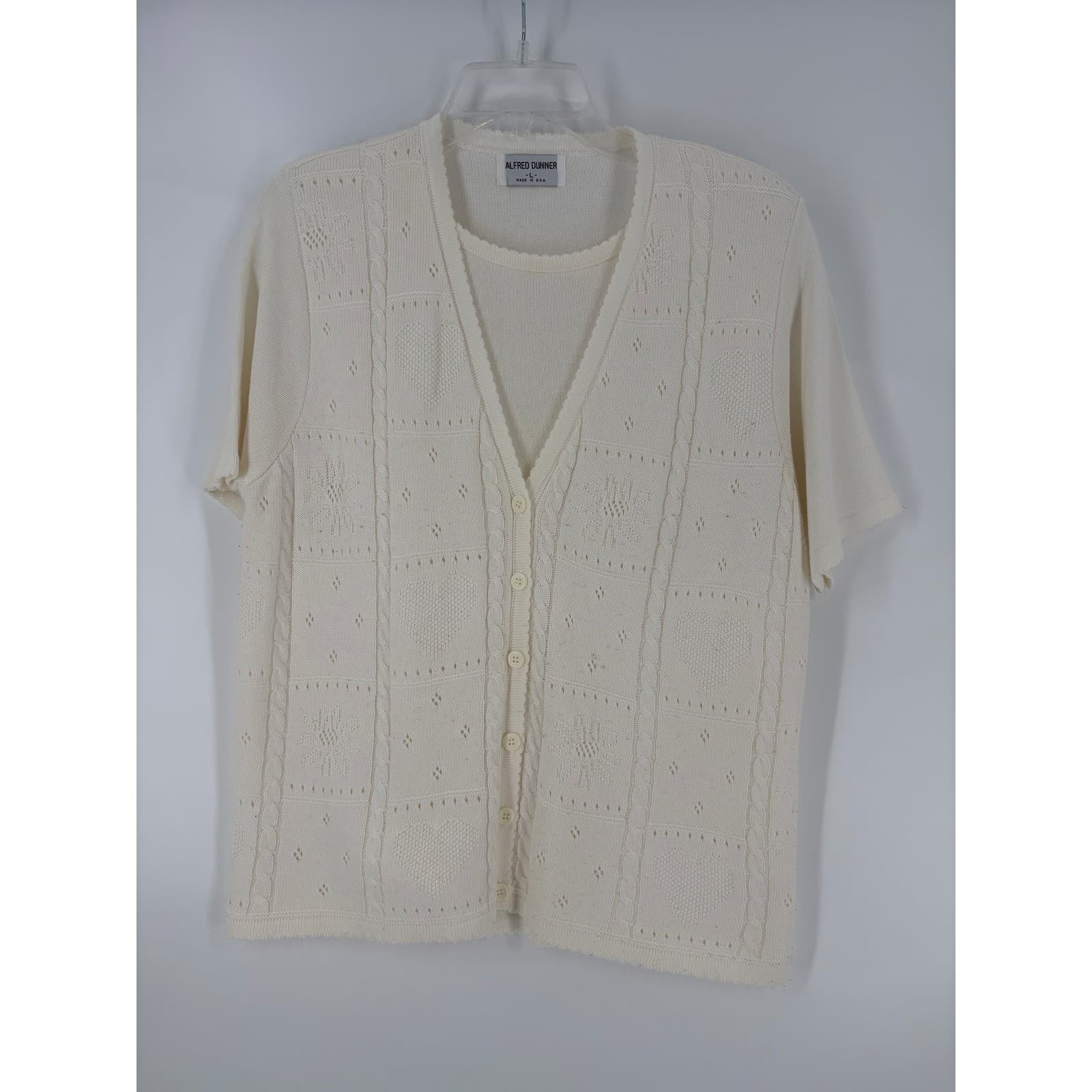 Alfred Dunner Cream Knit Cardigan Top Short Sleeve Womens Large USA Made - Thumbnail 2
