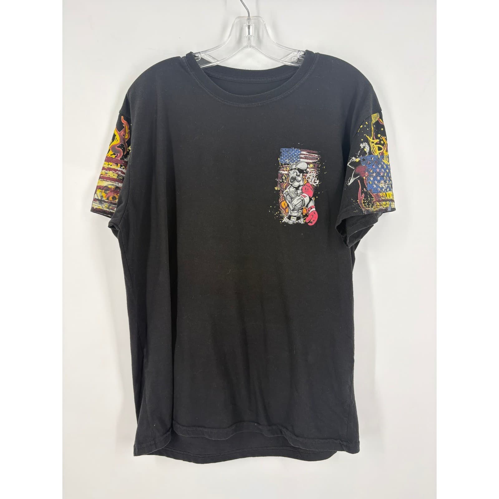 Popeye Graphic T Shirt Black Mens Large Boxing American Flag Cartoon Tee - Thumbnail 2