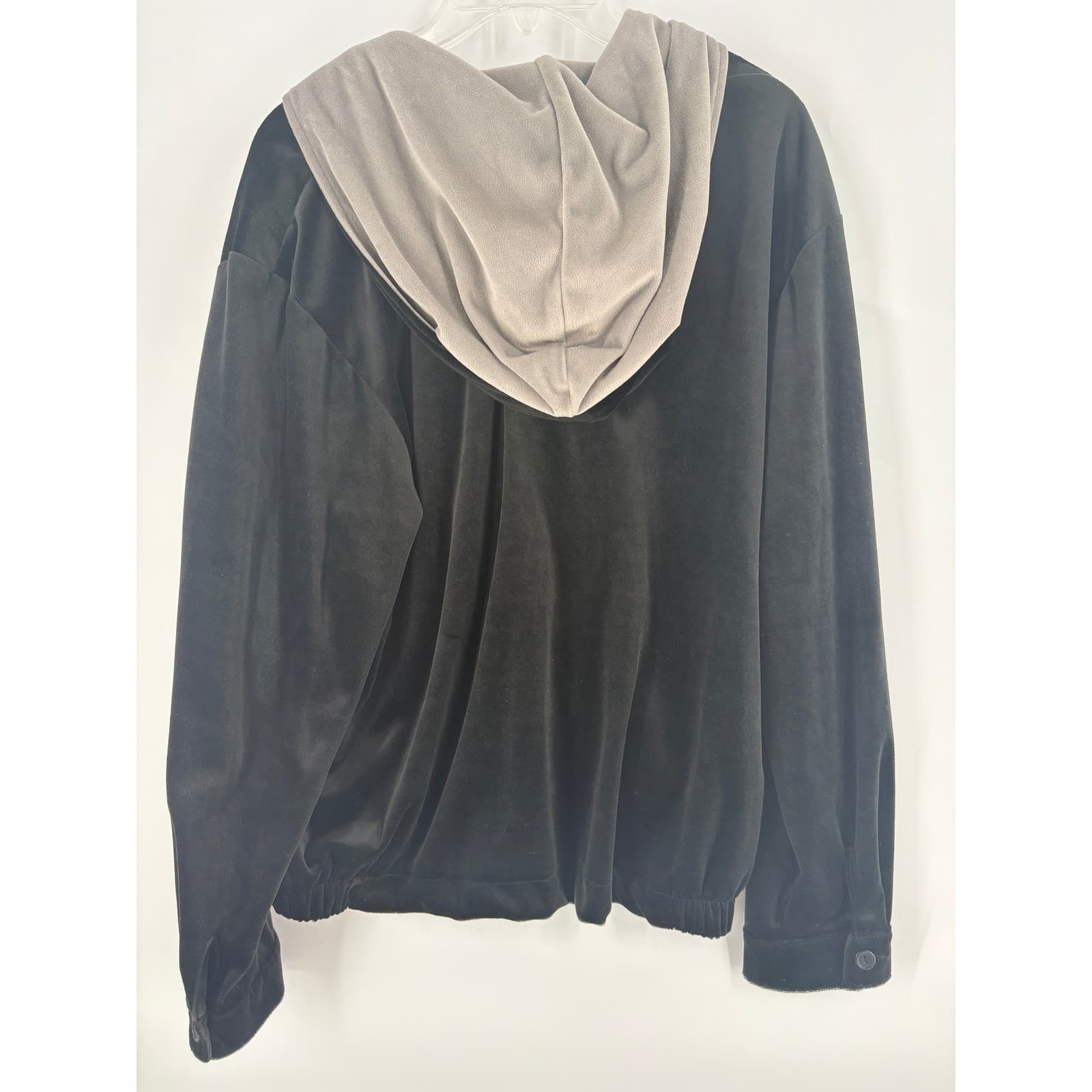 TEDOI Womens Full Zip Hoodie Velour Sweatshirt Jacket Gray Black Large - Thumbnail 2