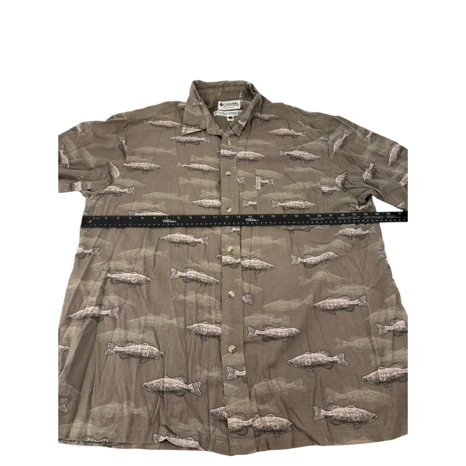 Columbia Shirt Mens L Button Down Brown Fish Print Short Sleeve Viscose Cotton - Thumbnail 4