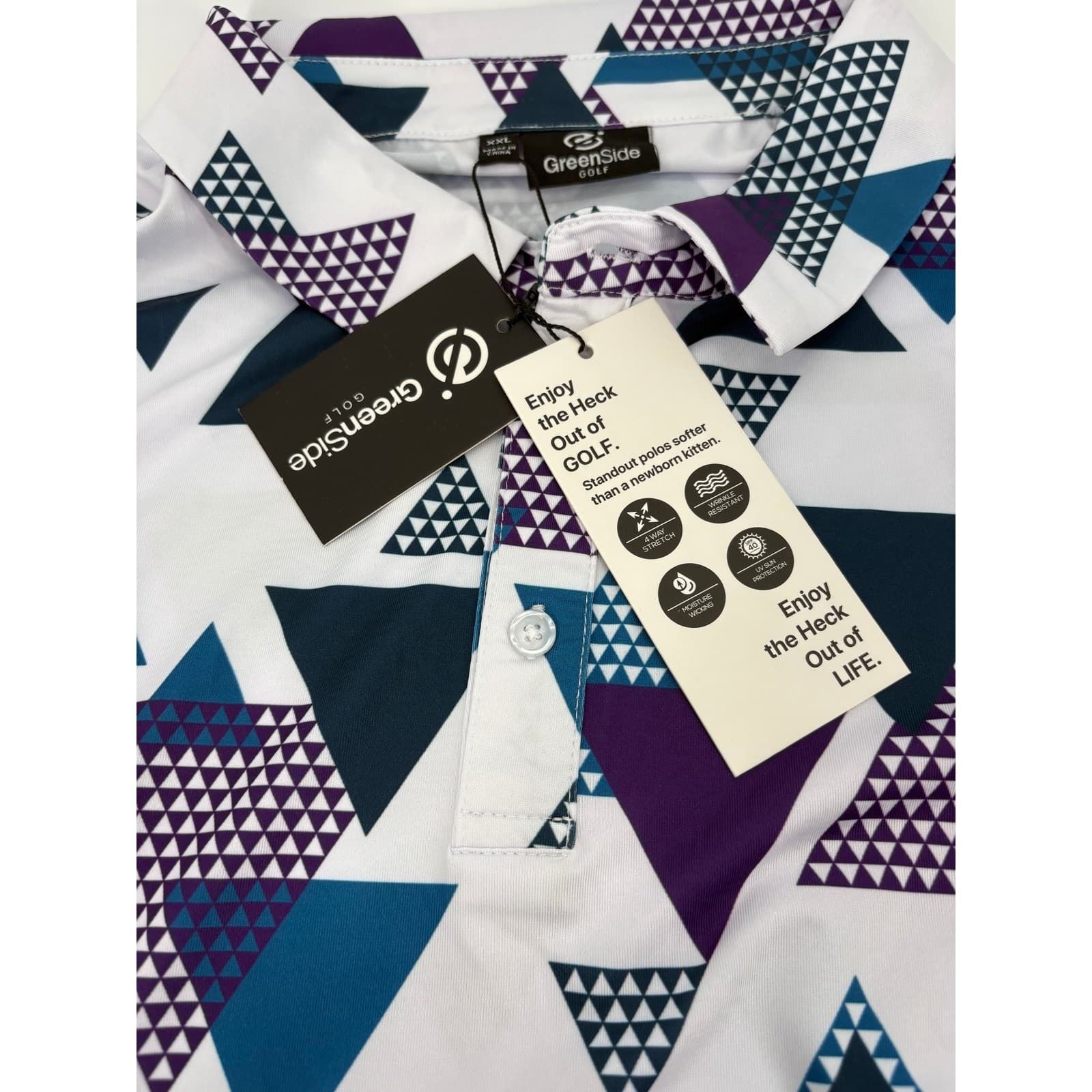 GreenSide Golf Polo Mens XXL Shirt White Purple Teal Geometric Triangle Print - Thumbnail 3