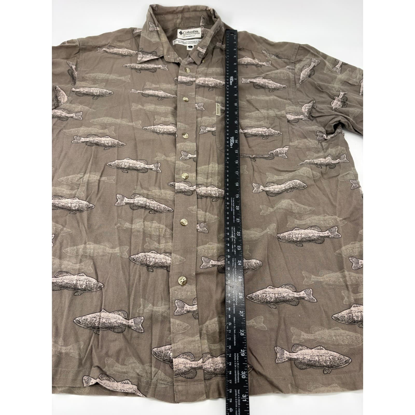 Columbia Shirt Mens L Button Down Brown Fish Print Short Sleeve Viscose Cotton - Thumbnail 5