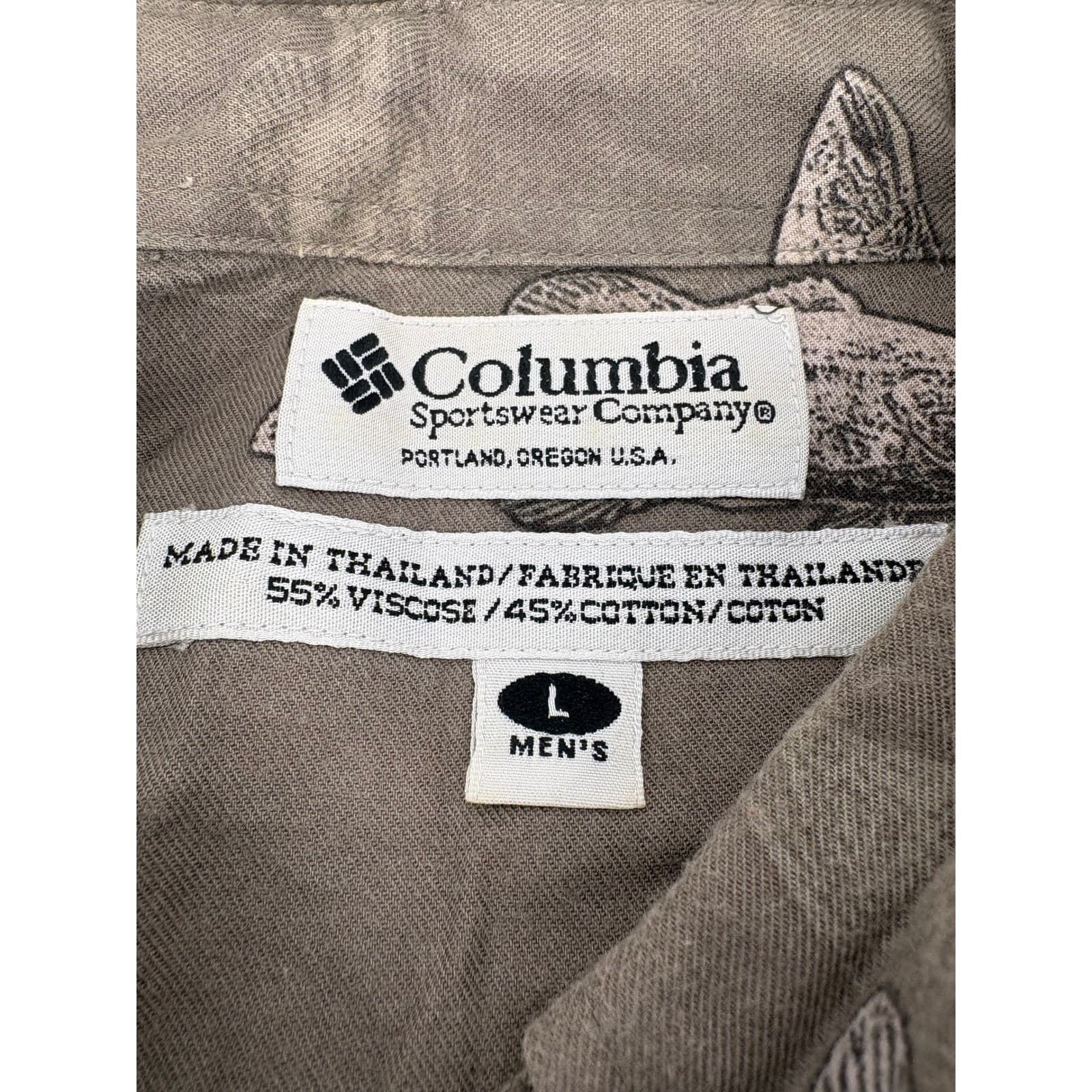 Columbia Shirt Mens L Button Down Brown Fish Print Short Sleeve Viscose Cotton - Thumbnail 2