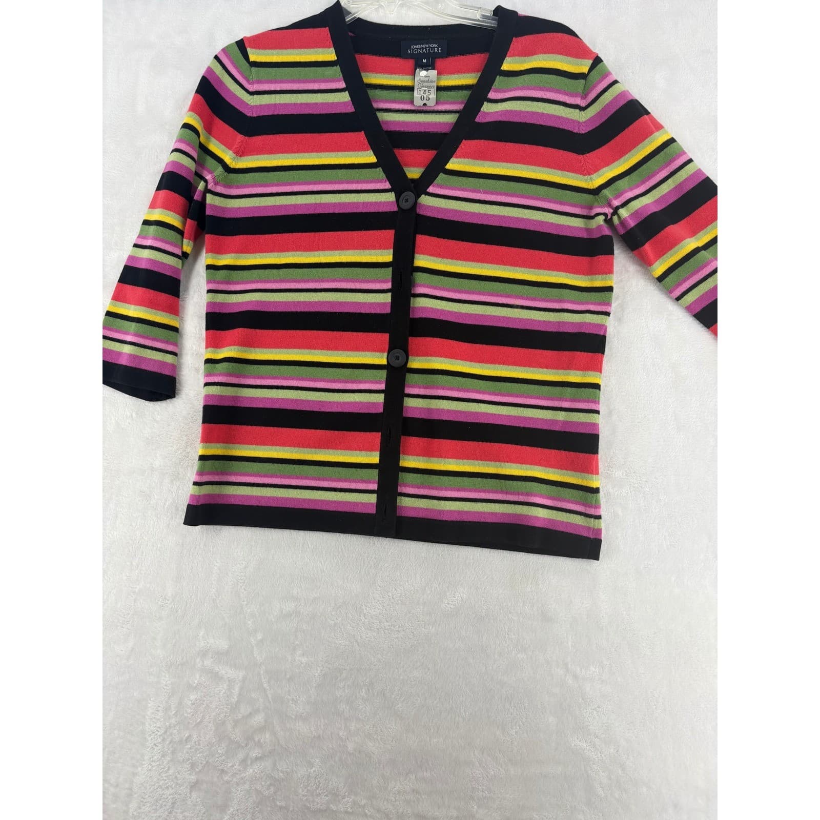 Jones New York Signature Cardigan Womens M Twin Set Multicolor Striped Cotton - Thumbnail 2