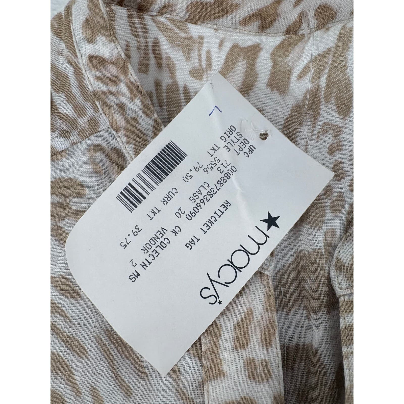 Calvin Klein Shirt Womens Large Button Up Tan Animal Print Linen Utility Top - Thumbnail 2