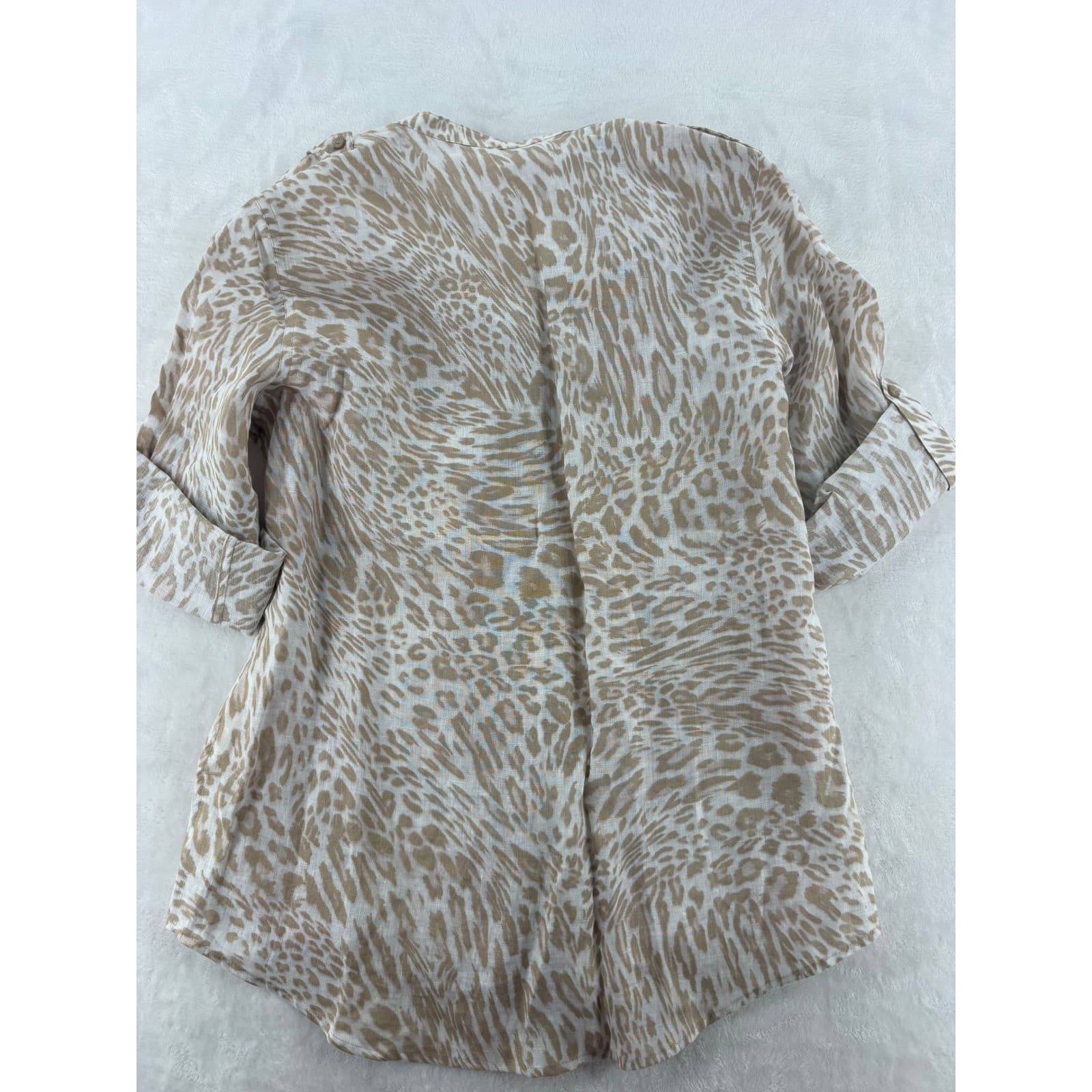 Calvin Klein Shirt Womens Large Button Up Tan Animal Print Linen Utility Top - Thumbnail 7