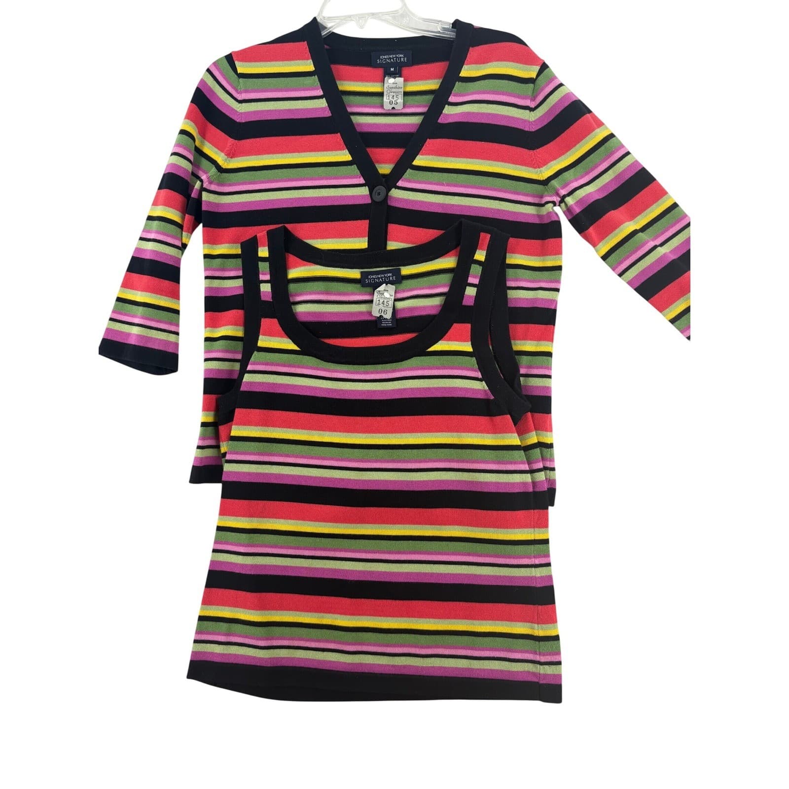 Jones New York Signature Cardigan Womens M Twin Set Multicolor Striped Cotton