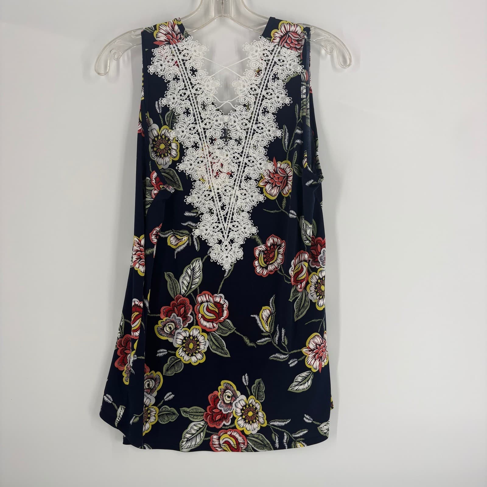 AMANA Navy Floral Lace Trim V Neck Sleeveless Tank Top Women's M - Thumbnail 5