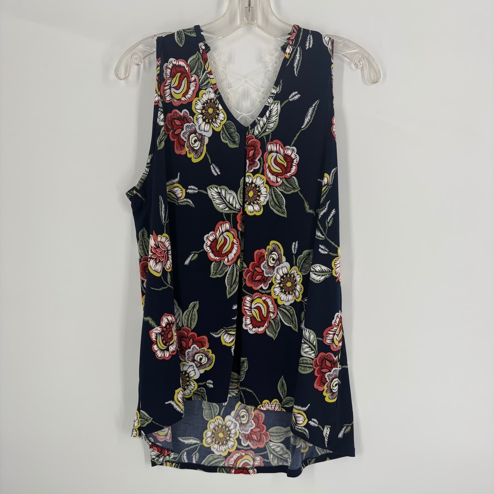 AMANA Navy Floral Lace Trim V Neck Sleeveless Tank Top Women's M - Thumbnail 7