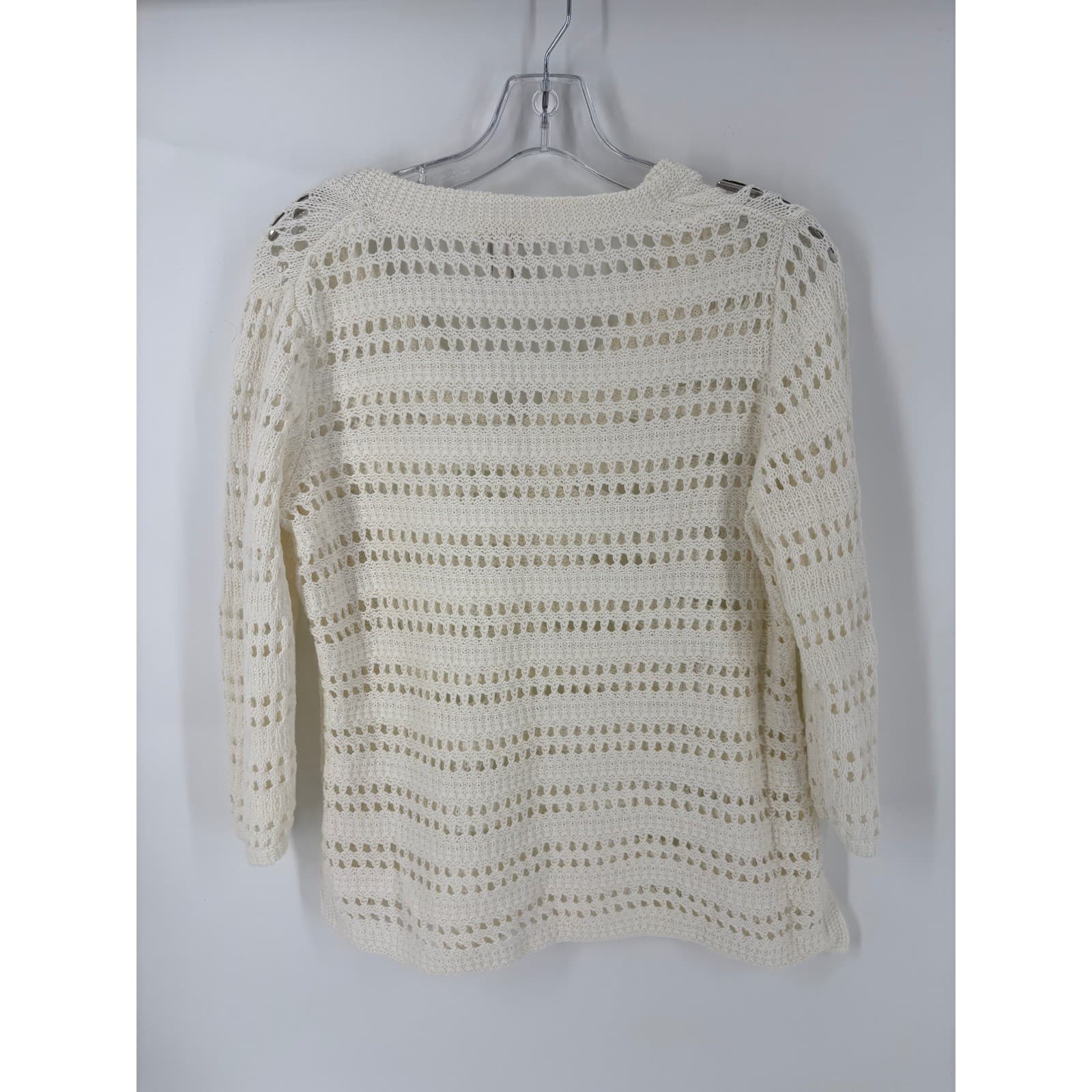 Chicos Knit Sweater Cream V Neck 3/4 Sleeve Crochet Mesh Top Size 1 - Thumbnail 2