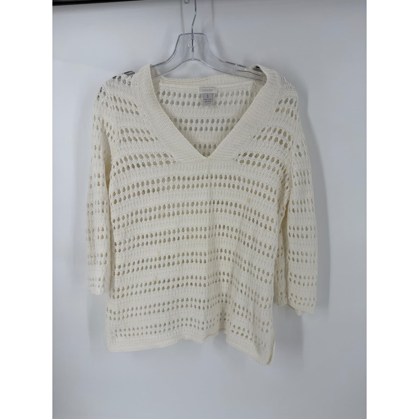 Chicos Knit Sweater Cream V Neck 3/4 Sleeve Crochet Mesh Top Size 1