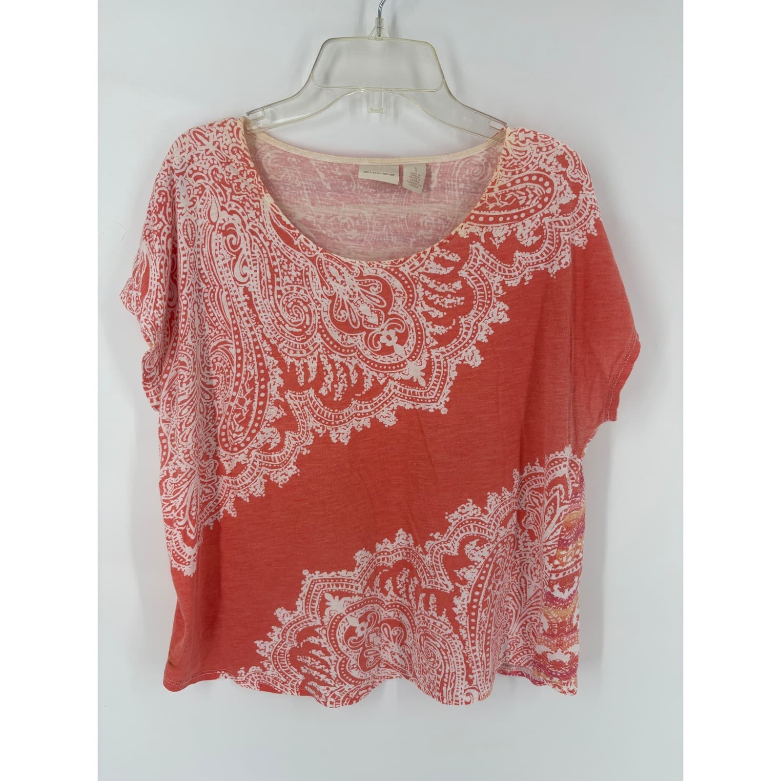 Chico's Coral Paisley Print V Neck Short Sleeve Tunic Top Women's Size 2
