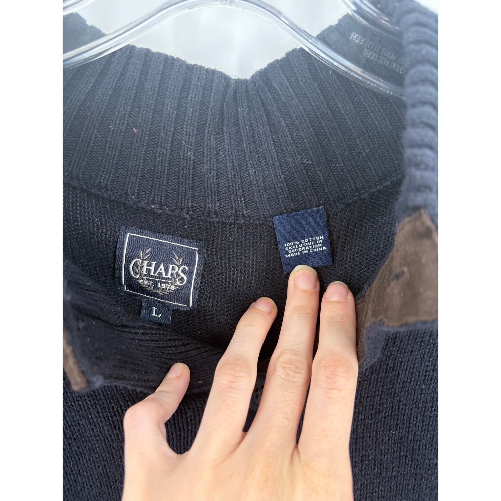CHAPS Mens Navy Blue Button Up Cardigan Sweater Elbow Patches Size L - Thumbnail 6