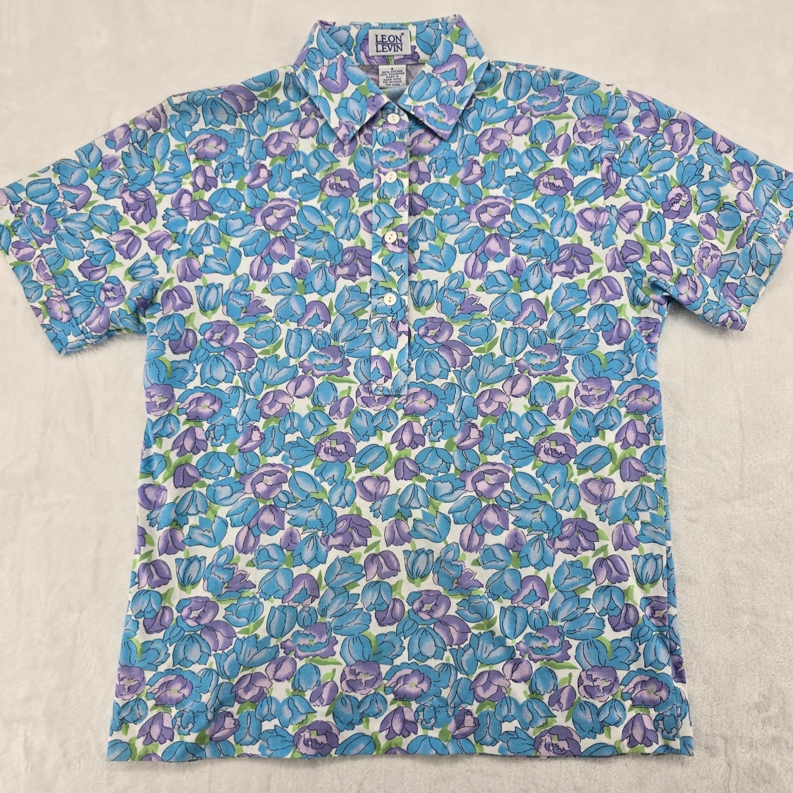 Leon Levin Polo Shirt Womens S Polo Blue Purple Floral Short Sleeve Vintage