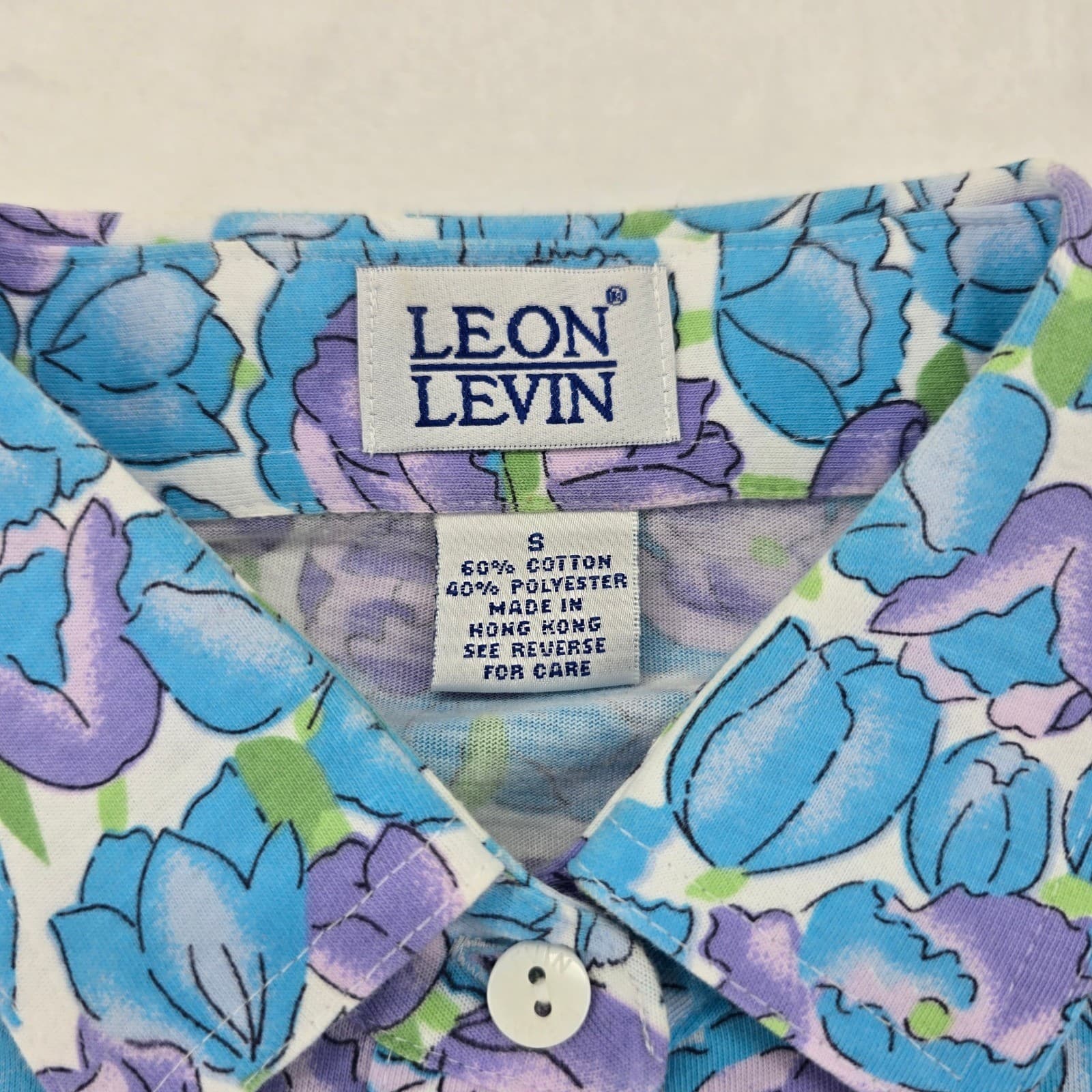 Leon Levin Polo Shirt Womens S Polo Blue Purple Floral Short Sleeve Vintage - Thumbnail 2