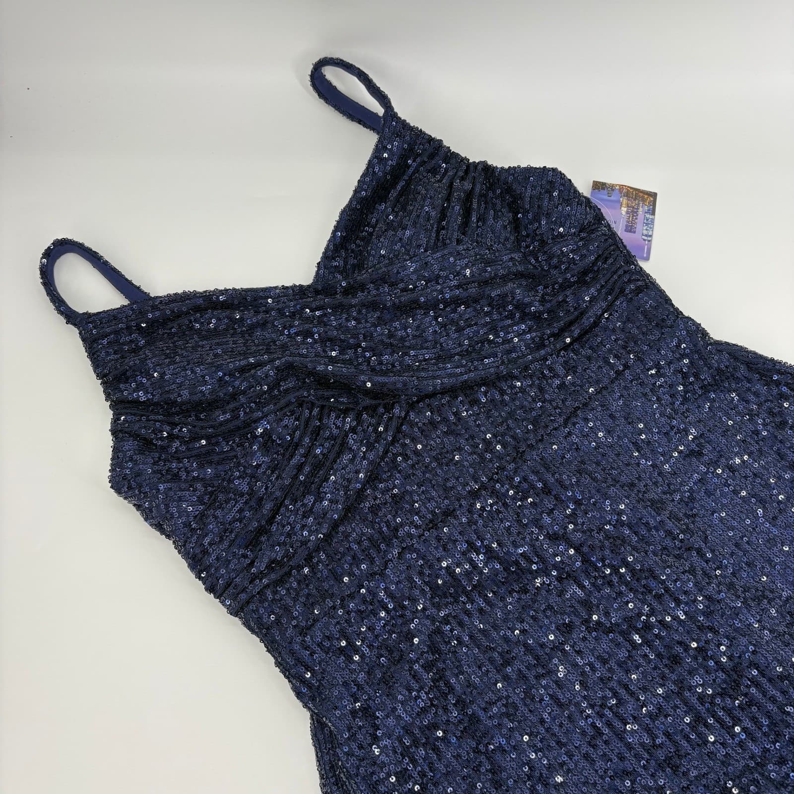 Nightway Navy Blue Sequin V Neck Spaghetti Strap Cocktail Dress Size 12 - Thumbnail 4