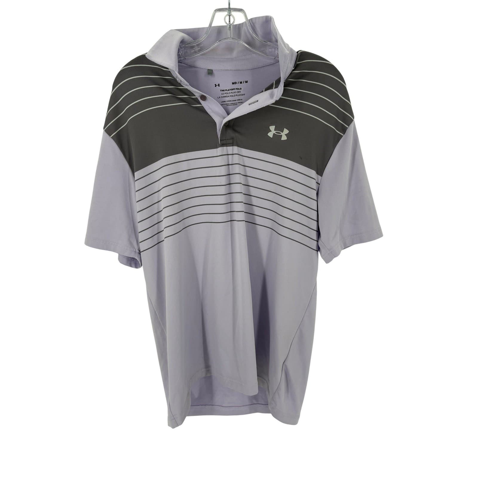 Under Armour Golf Polo Shirt Men's Medium Purple Gray Stripe Short Sleeve