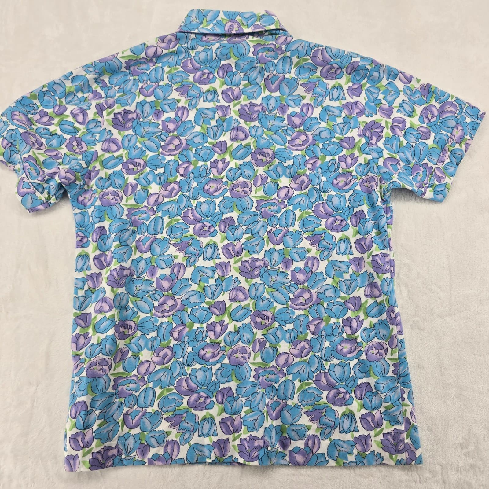 Leon Levin Polo Shirt Womens S Polo Blue Purple Floral Short Sleeve Vintage - Thumbnail 5