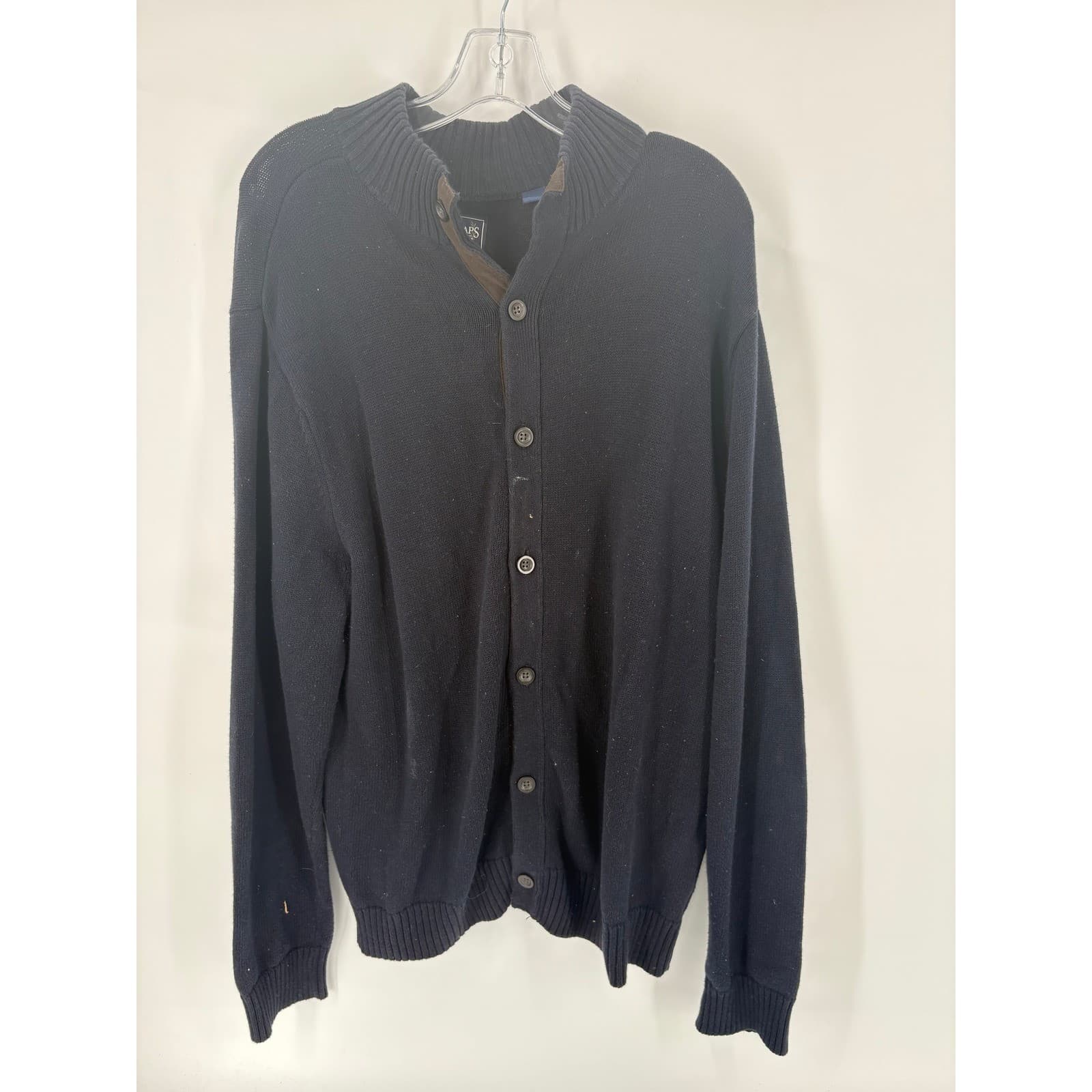 CHAPS Mens Navy Blue Button Up Cardigan Sweater Elbow Patches Size L