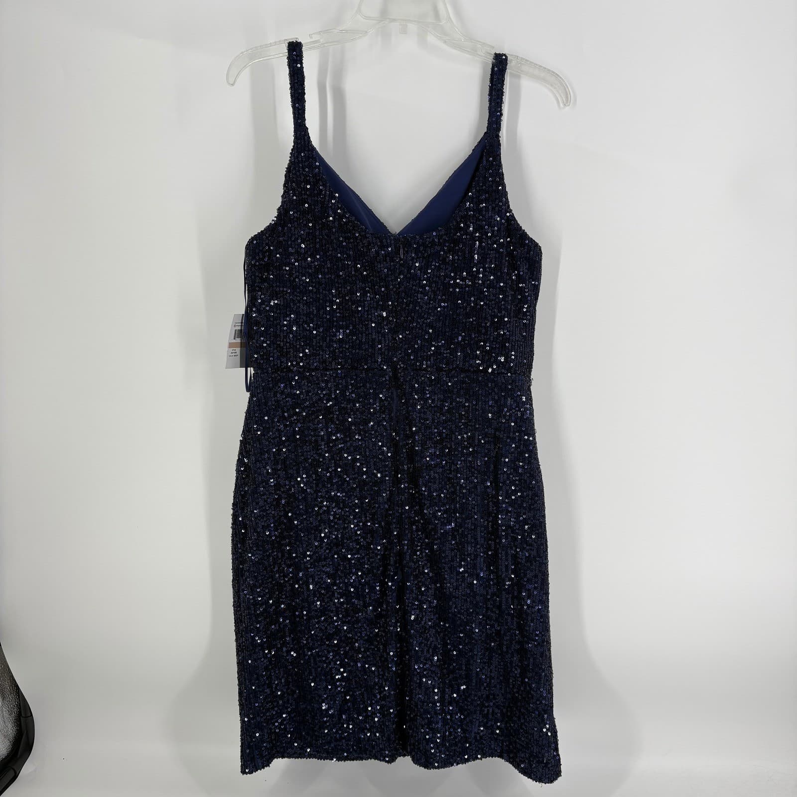 Nightway Navy Blue Sequin V Neck Spaghetti Strap Cocktail Dress Size 12 - Thumbnail 3