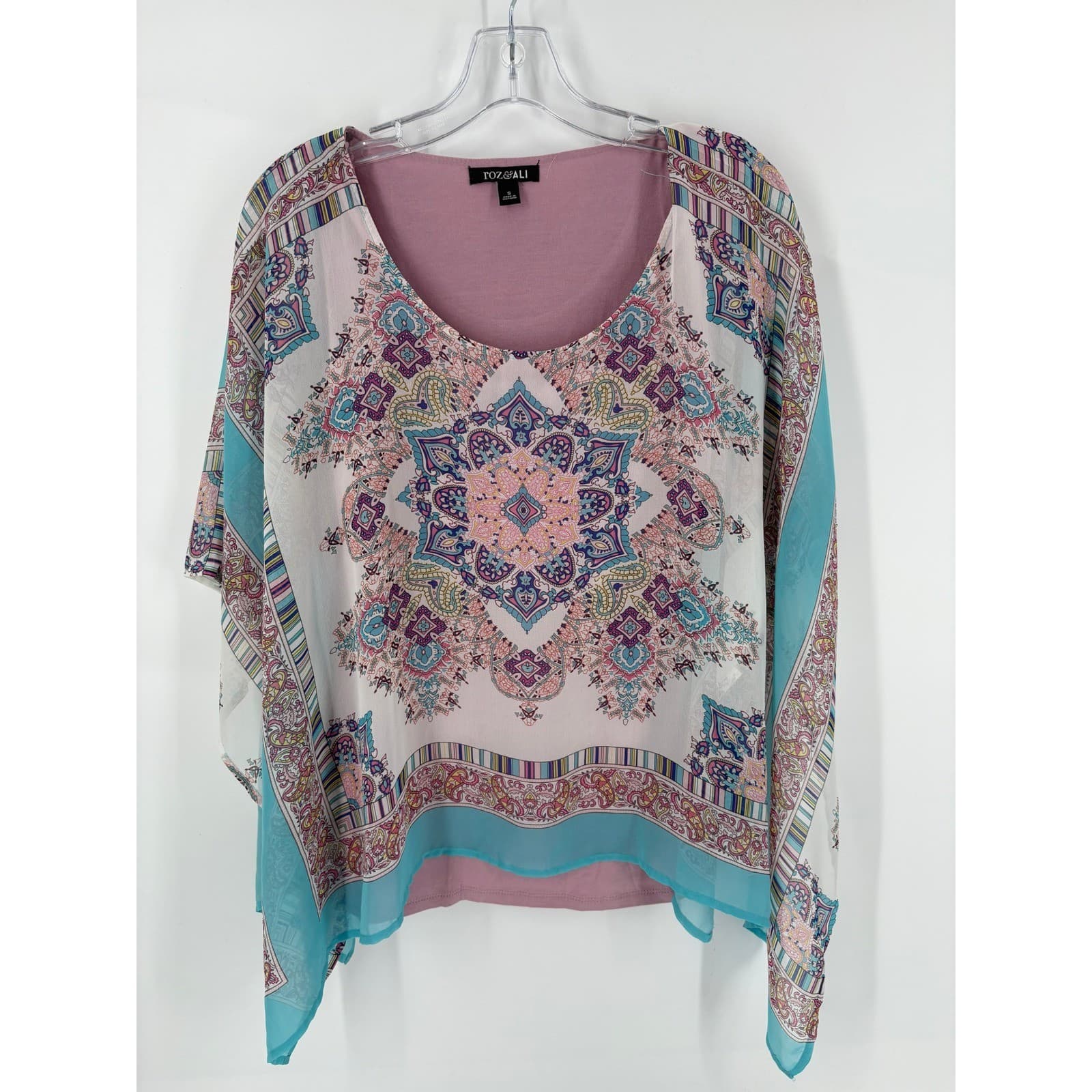 Roz & Ali Women's Size S Pink Blue Paisley Print Sheer Overlay Top Tunic