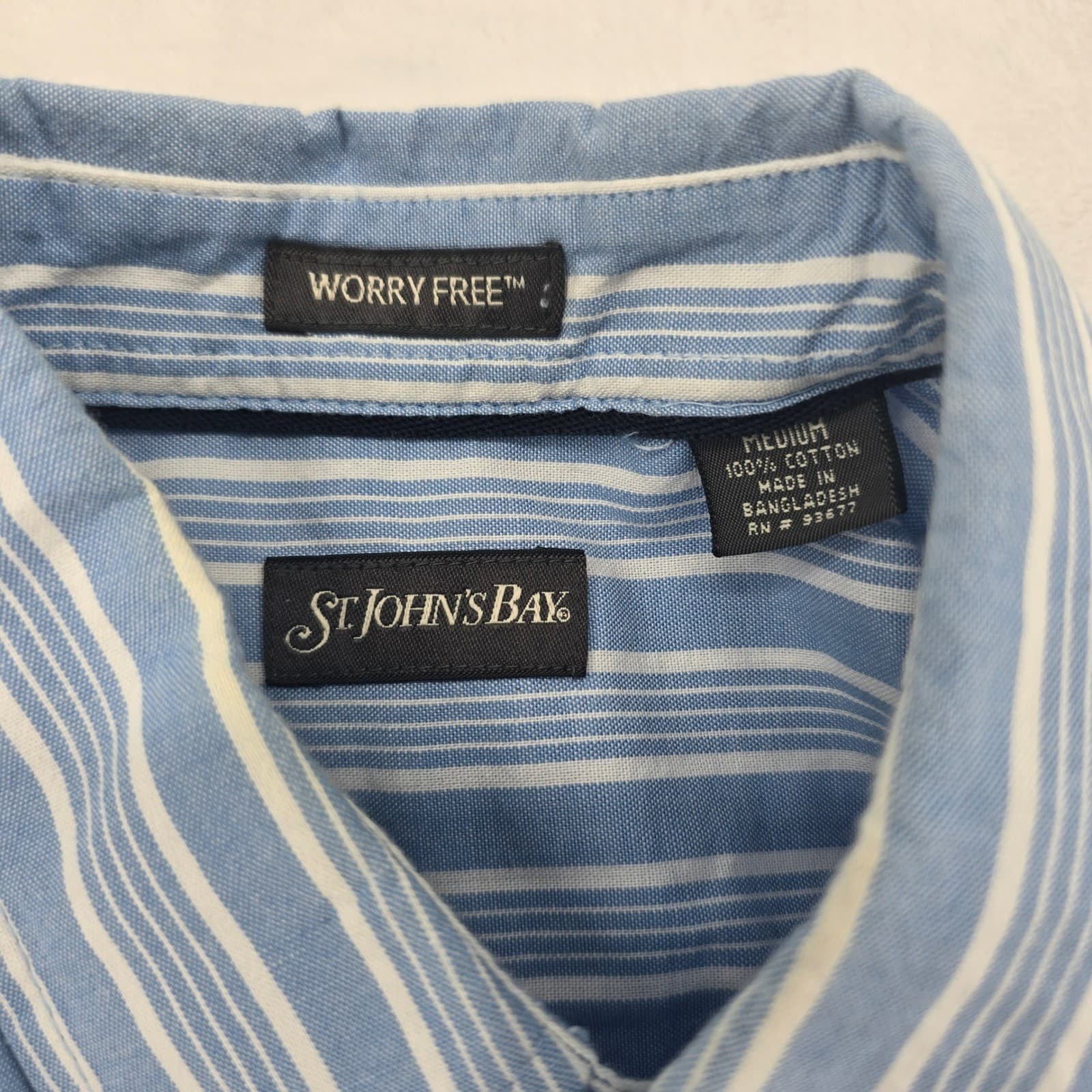 St. Johns Bay Shirt Mens Medium Button Down Blue White Striped Short Sleeve - Thumbnail 2