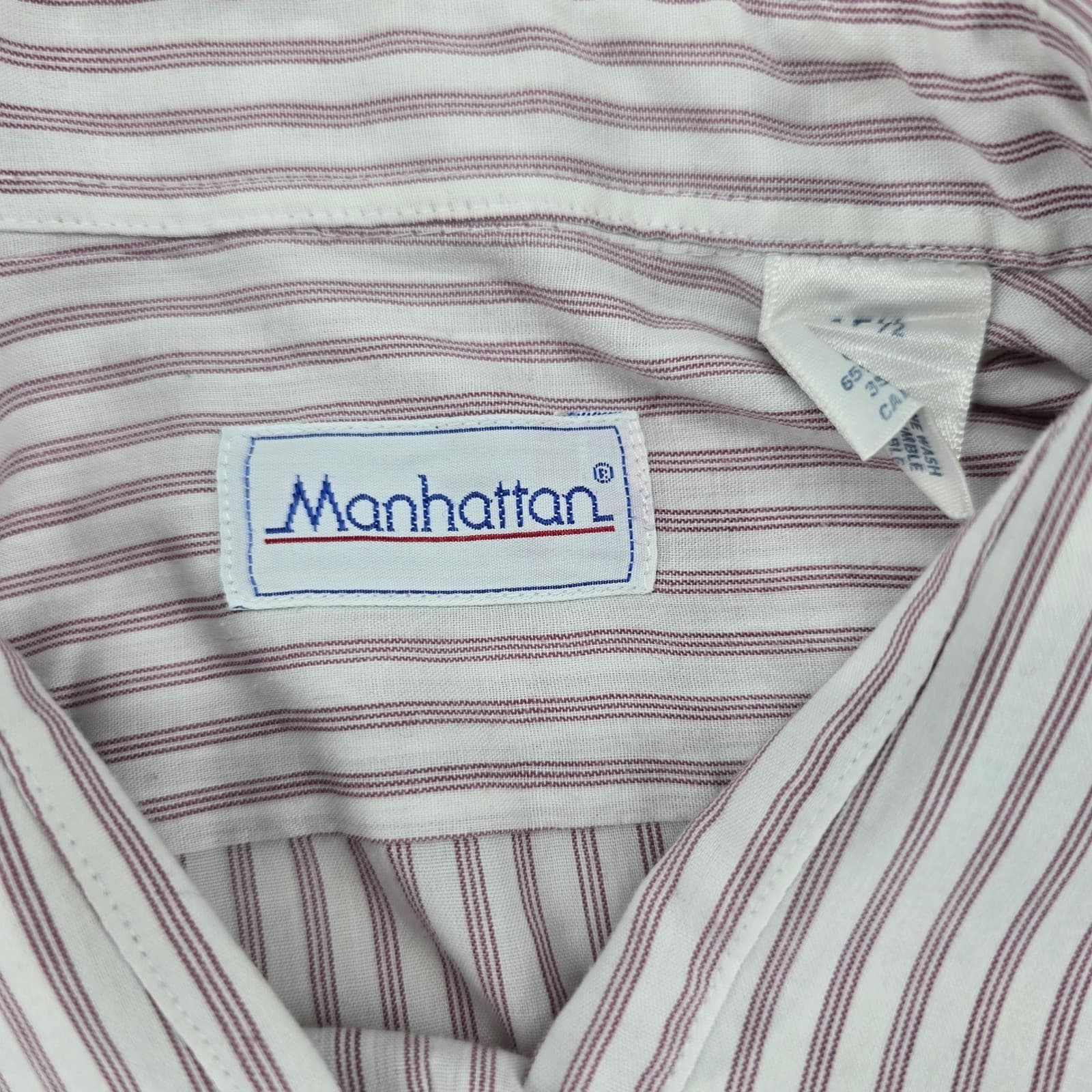 Manhattan Button Down Mens 17-17.5 Shirt White Burgundy Striped Short Sleeve - Thumbnail 2