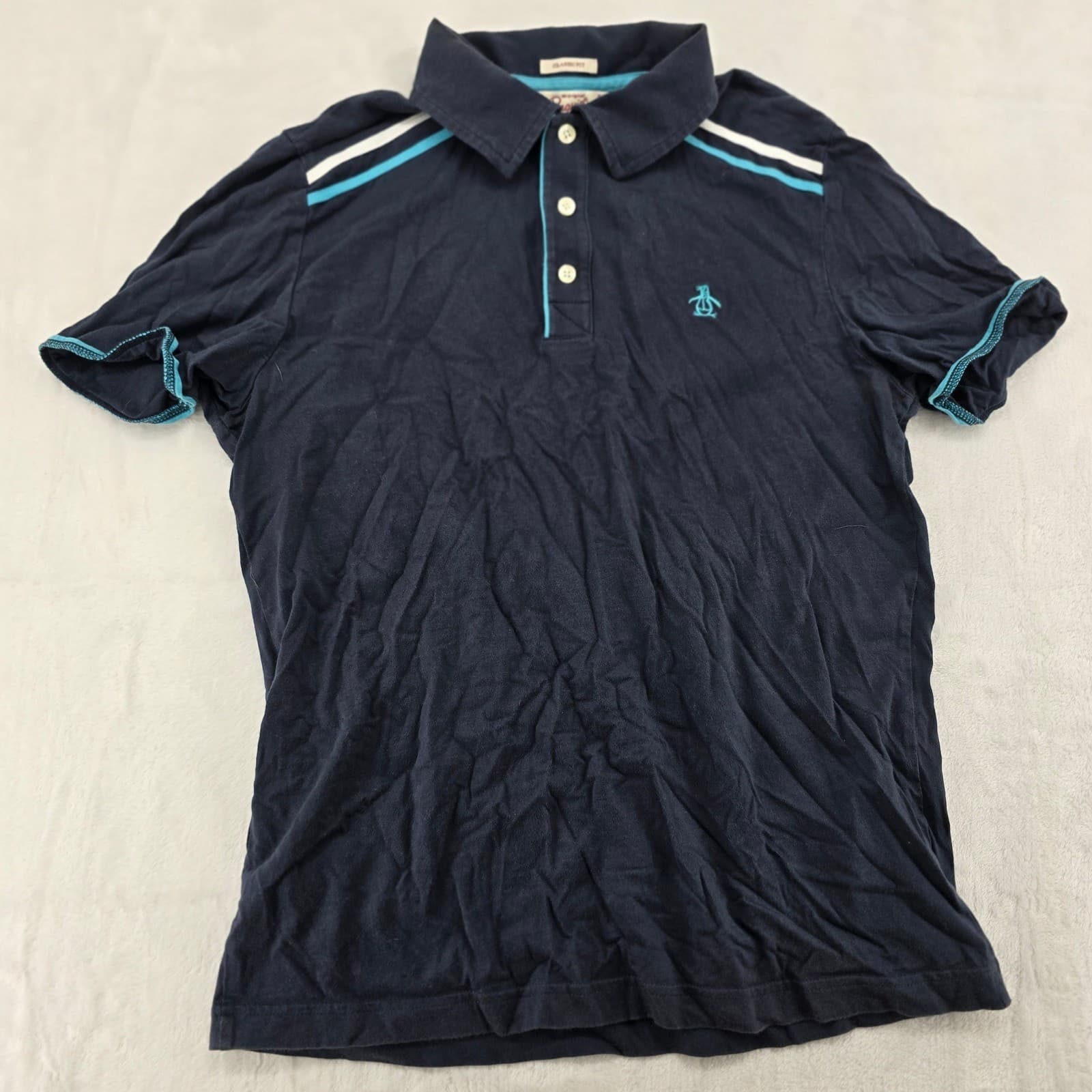 Original Penguin Polo Mens S Polo Navy Blue Classic Fit Striped Shoulder Logo