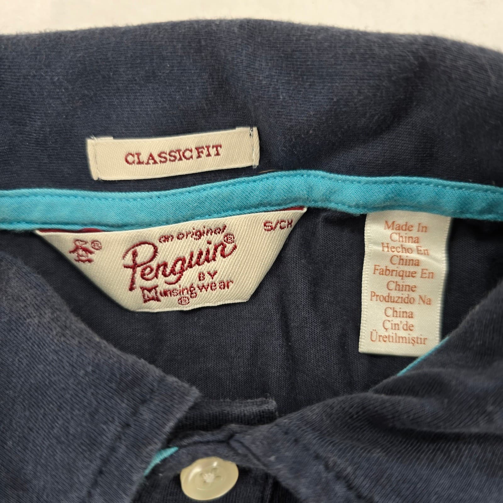 Original Penguin Polo Mens S Polo Navy Blue Classic Fit Striped Shoulder Logo - Thumbnail 2