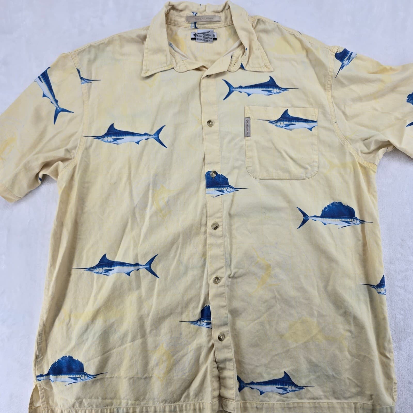 Columbia River Lodge Mens XL Button Up Shirt Yellow Marlin Sailfish Fishing