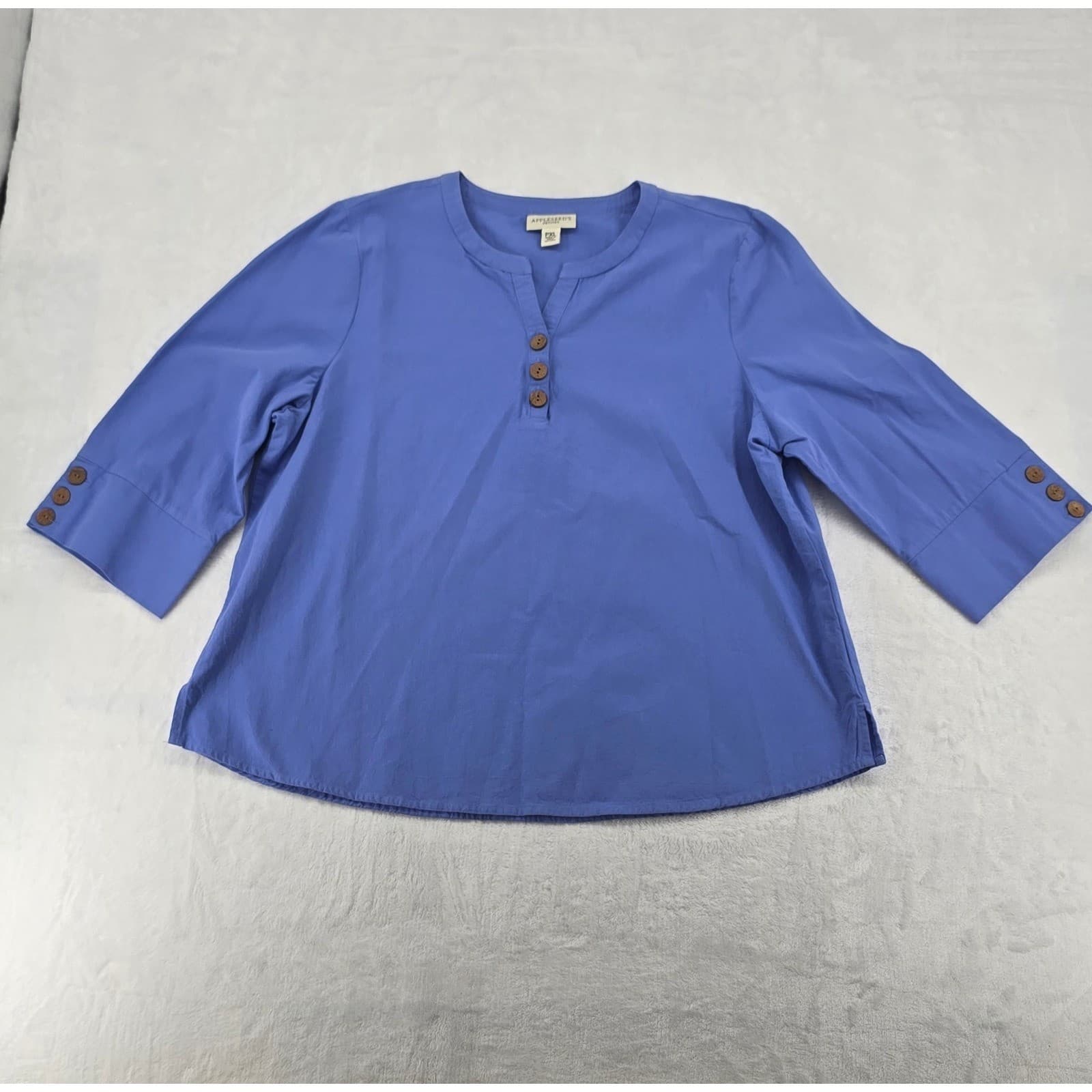 Appleseed's Blouse Womens PXL Henley Top Blue 100% Cotton 3/4 Sleeve Petite