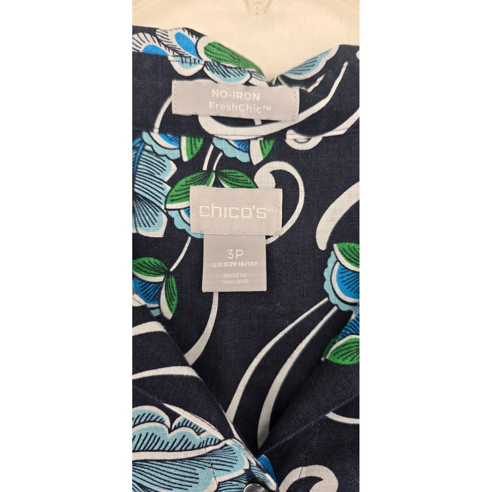 Chico's Linen Shirt Womens 3P Button Up Navy Blue Floral No-Iron FreshChic - Thumbnail 2