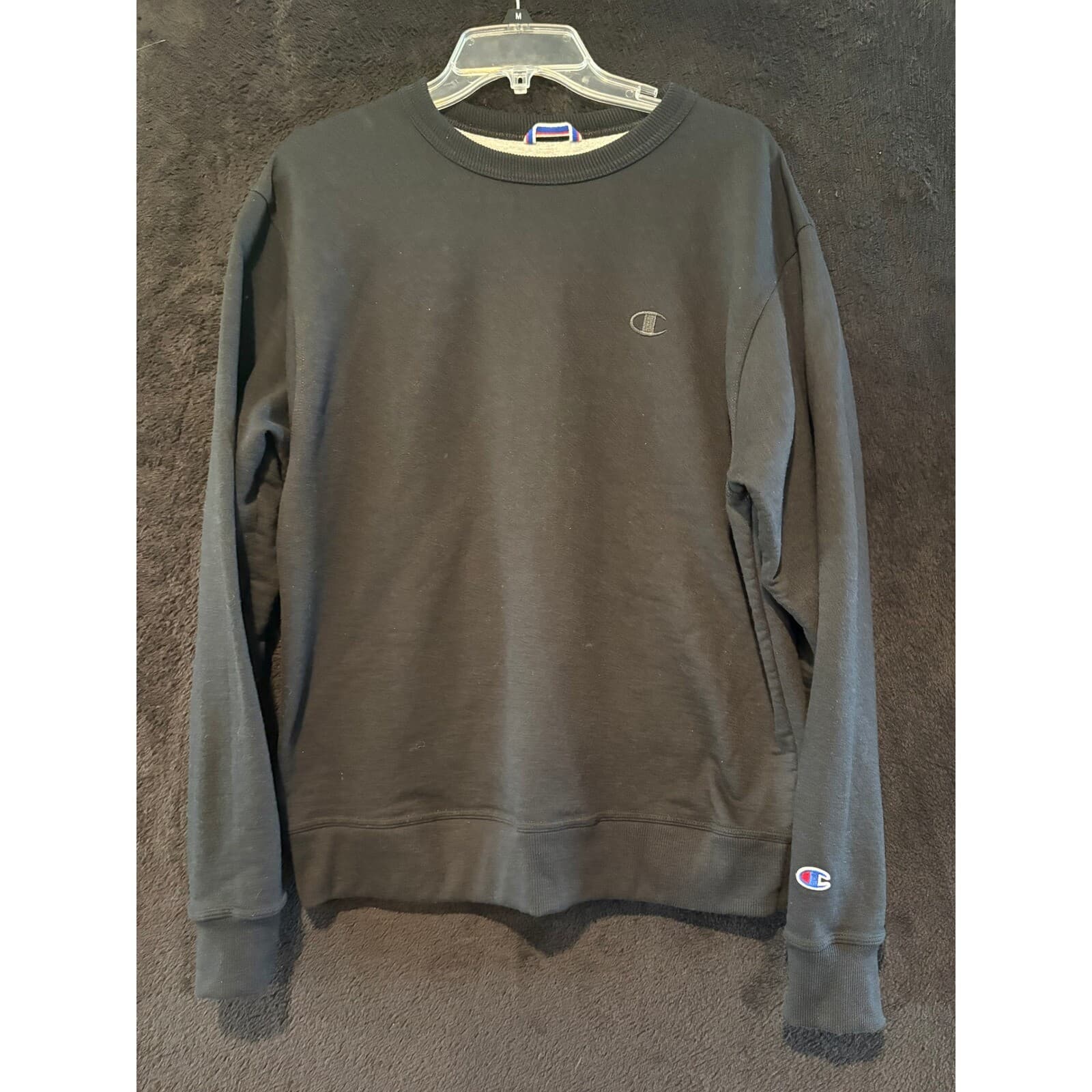 Champion Crew Neck Sweatshirt Pullover Minimalist Logo Black Mens Size M