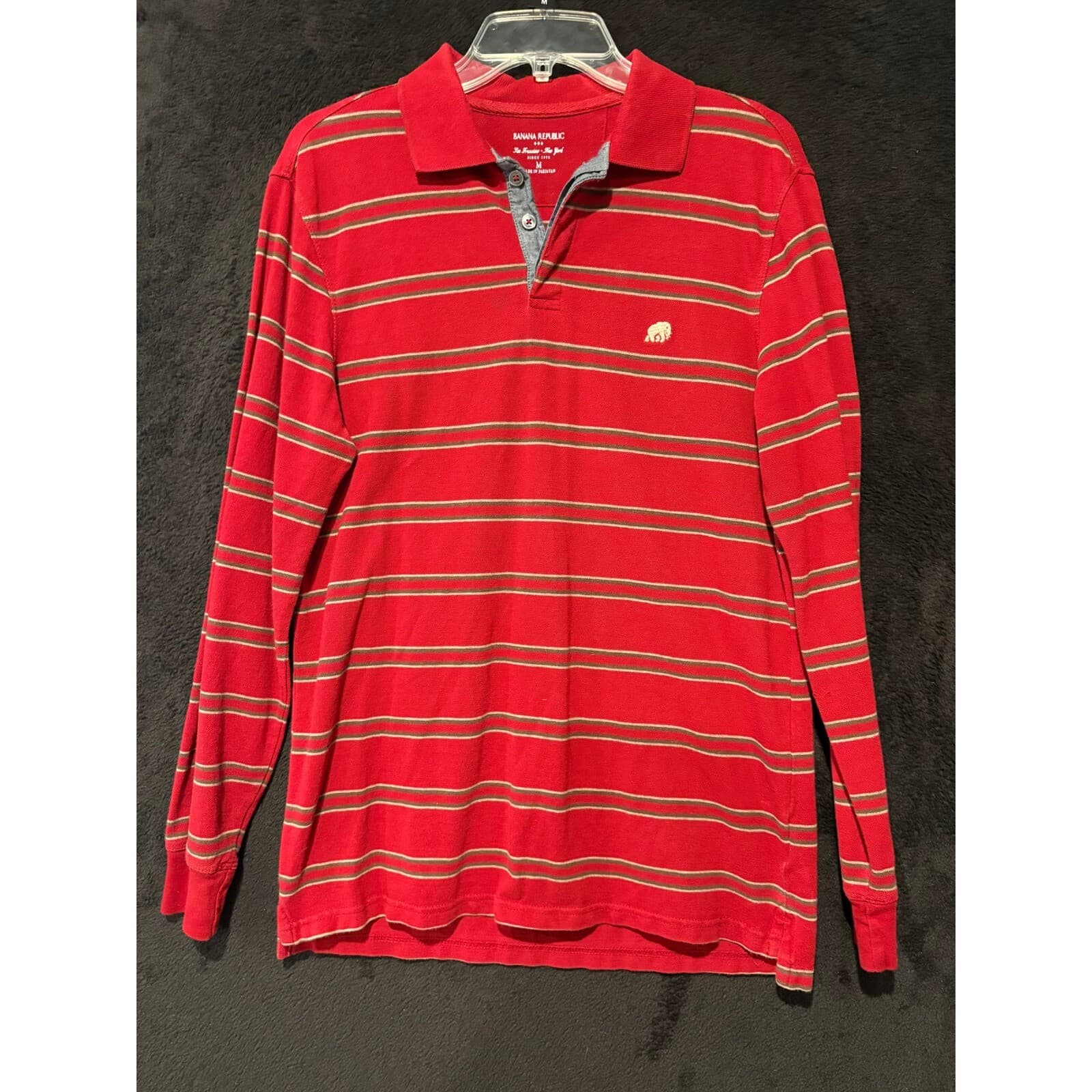 Banana Republic Striped Polo Shirt Long Sleeve Casual Red Elephant Logo M