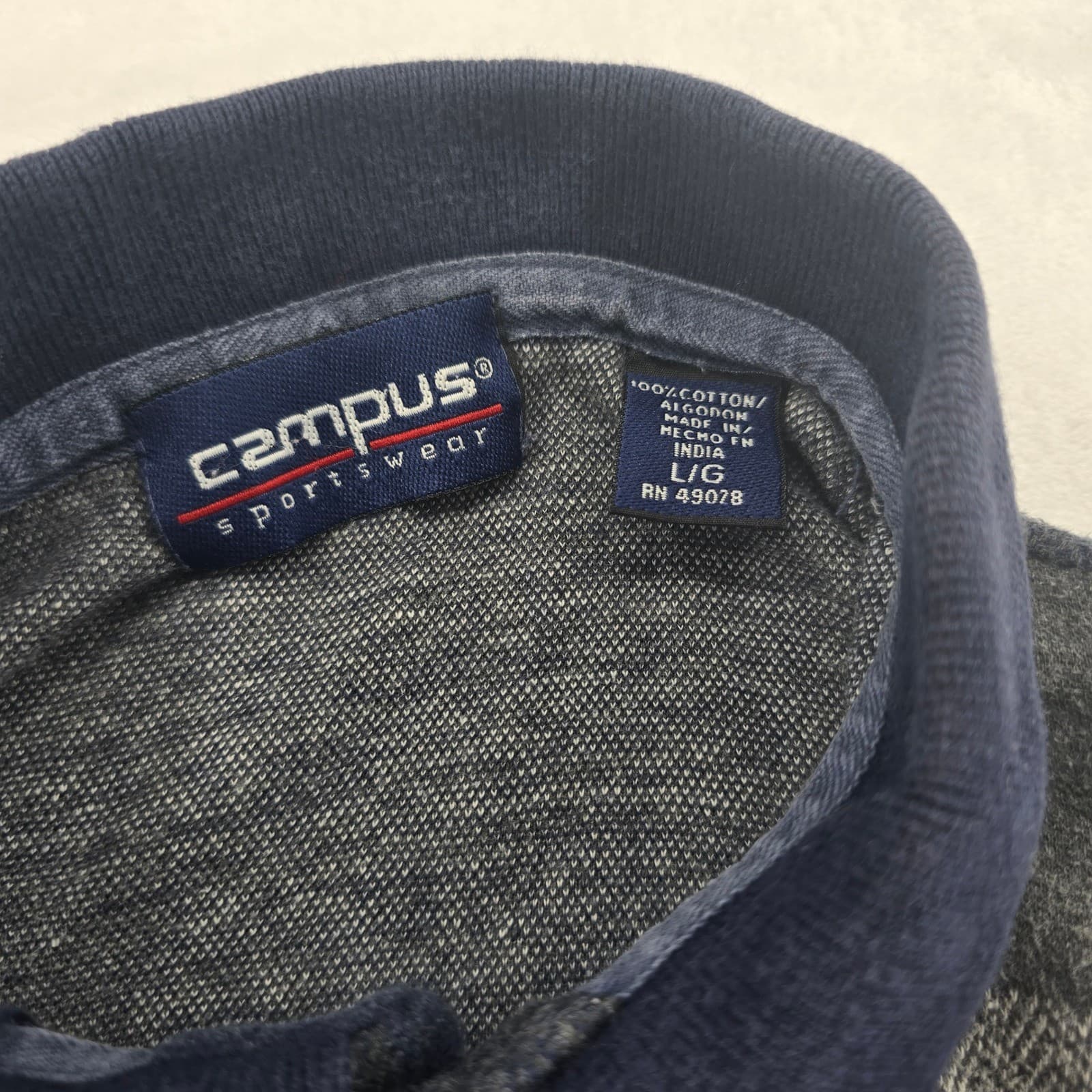 Campus Sportswear Polo Shirt Mens L Polo Blue Gray Plaid Long Sleeve Cotton - Thumbnail 2